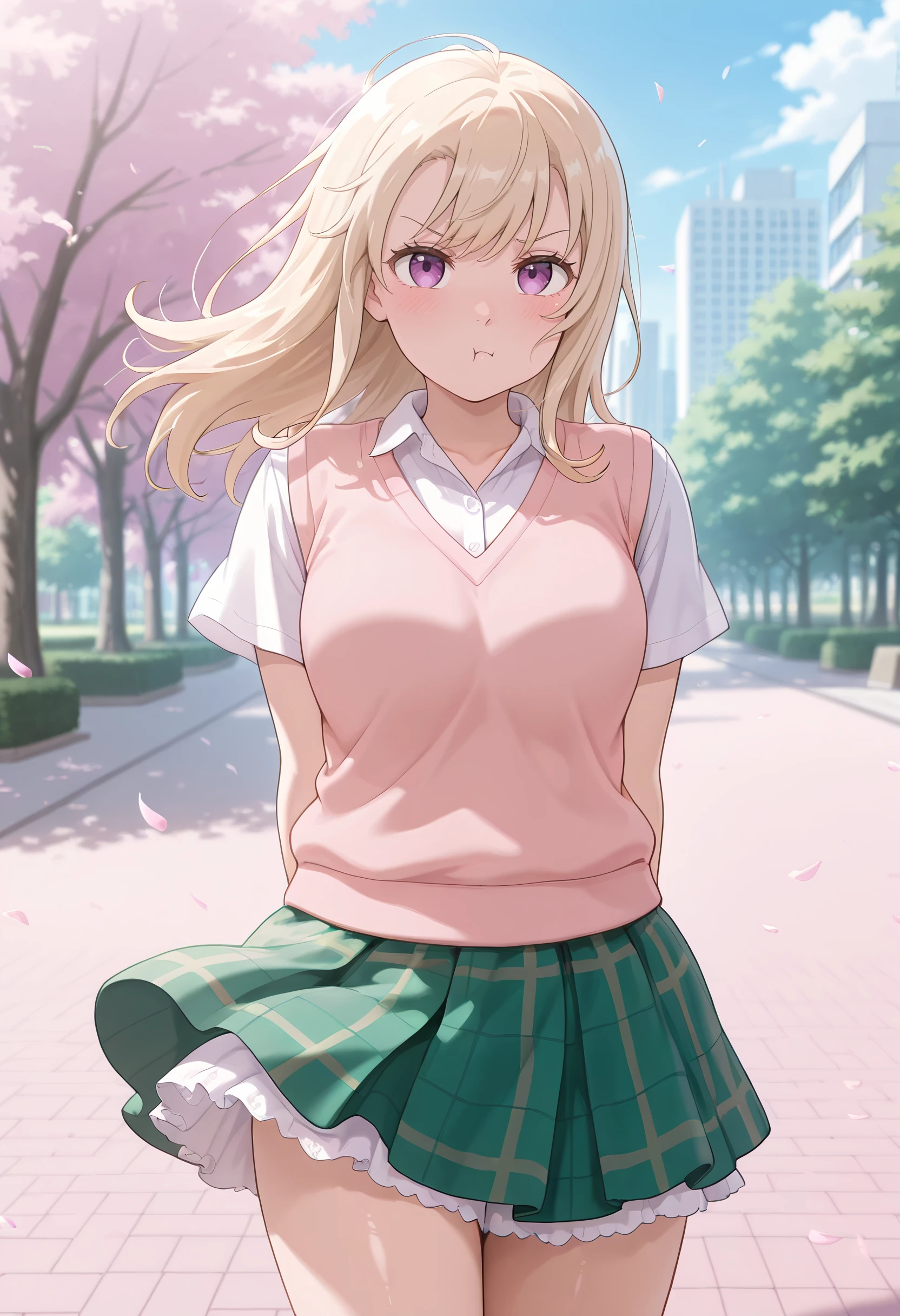 masterpiece,best quality,absurdres, amazing quality, shiny skin
tokyo \(city\), park, falling petals, cowboy shot, looking at viewer, standing, wind, wind lift, pout,
<lora:KawaiiMona-11:1> kawaiimona, 1girl, long hair, blonde hair, purple eyes, shirt, white shirt, collared shirt, skirt, plaid yellow, plaid skirt, short sleeves, pink sweater vest, green skirt, petticoat, miniskirt,