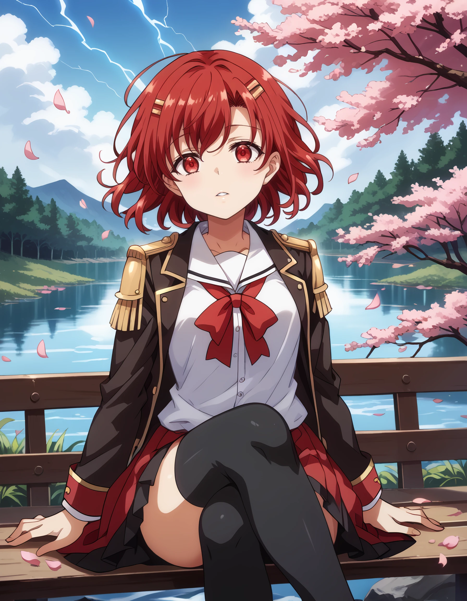 <lora:yui_pony:1> score_9, score_8_up, score_7_up,source_anime, rating:safe, yui, short_hair, red_hair, red_eyes, hair_ornament, hairclip, school_uniform, jacket, white_shirt, red_bow, black_thighhighs, 1girl, armor, cherry_blossoms, crossed_legs, feet_out_of_frame, legs, lightning, naginata, on_bench, outdoors, parted_lips, petals, polearm, shoulder_armor, sidelocks, sitting, solo, water, weapon, lens_flare, floating_hair, floating_clothes, masterpiece, detailed, best_quality