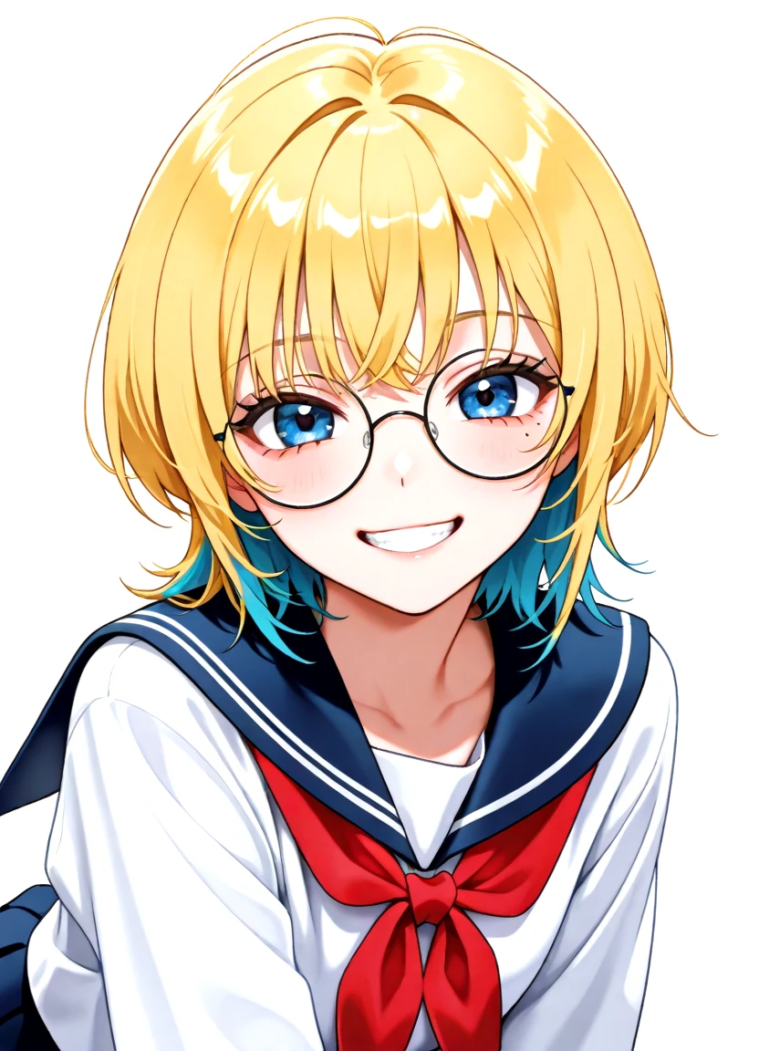 japanese skin toon, (big eyes:0.5), 1girl, school uniform, wolf cut, blonde, colored inner hair, blue hair, aegyo sal, mole under eye, tareme, round eyewear, looking at viewer,  gradient background, white background,
look front, grin, cute,
BREAK
<lora:dmd2_sdxl_4step_lora:1>
masterpiece, best quality, very awa, highres, absurdres, very aesthetic, aethetic,Digital illustration, highly finished,