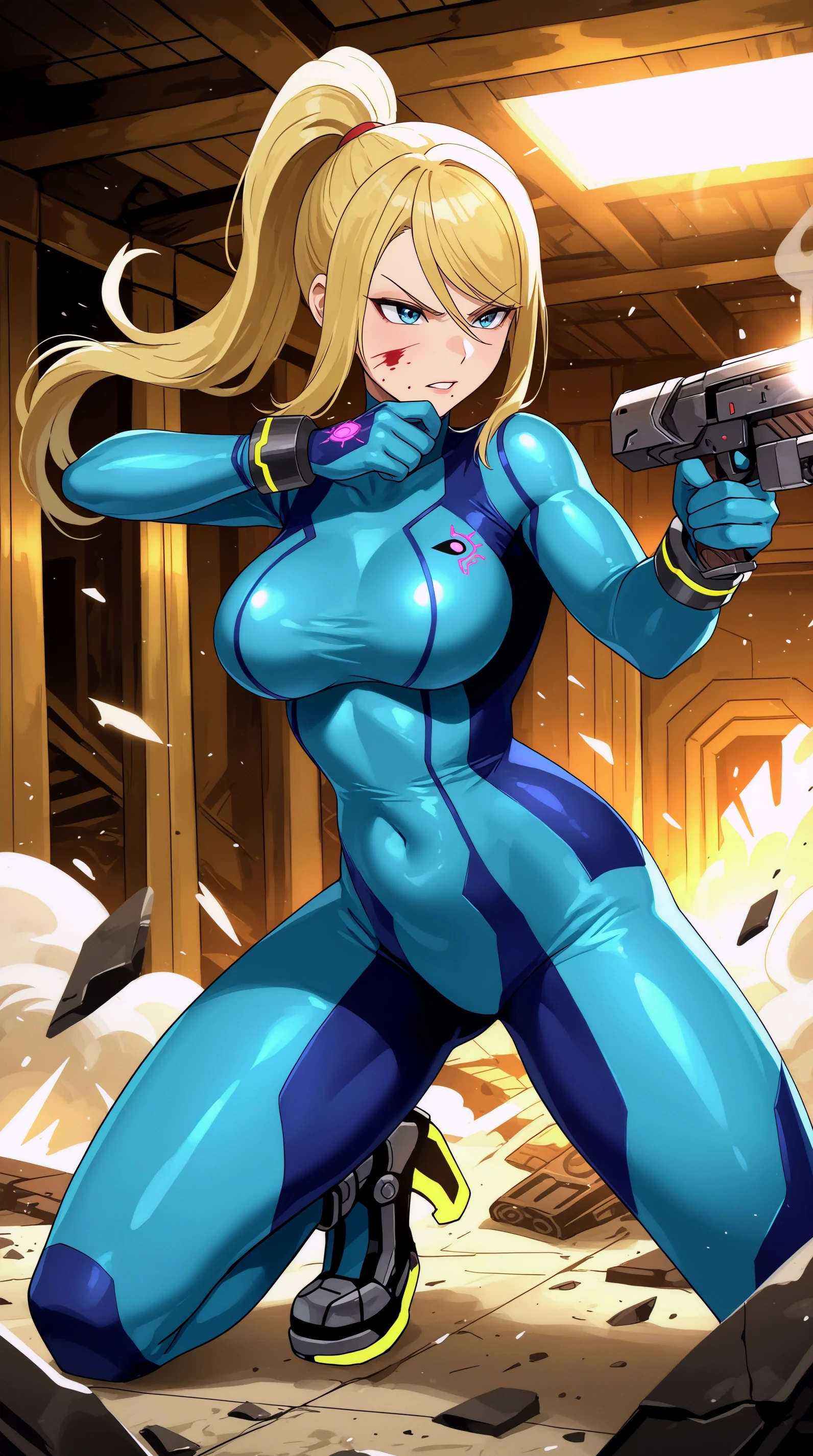 masterpiece, best quality, indoors, cinematic lighting, lens flare, flying debris, dust, smoke, amazing quality, very aesthetic, absurdres, best quality, newest, year 2023,   Zero Suit Samus, Main Outfit, blood, blood on face, blood on clothes, ruins, expressless, solo, aiming tactical shotgun, full body, dynamic pose, aiming, fire, badass, tsundere, angry, legs apart,  <lora:JN_Zero_Suit_Samus_Illus:0.8>