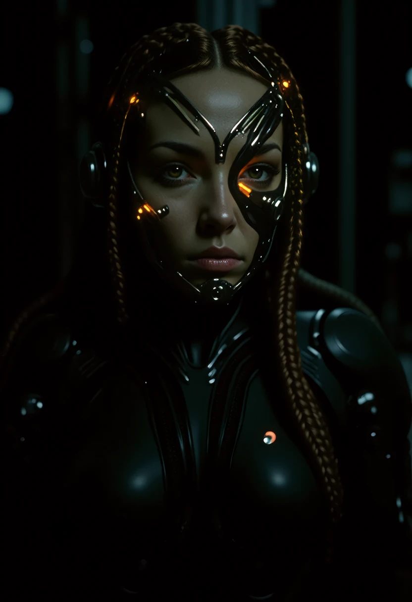 Create a detailed and realistic illustration of a futuristic, cybernetic woman with a strong, mechanical appearance. Her face is adorned with intricate metal and cybernetic components, including glowing orange lights and mechanical bolts. Her hair is long and braided, with strands of metal and wires visible. The background should be a dark, industrial setting with blurred lights and structures, giving a sense of a futuristic, sci-fi environment. The overall style should be dark and dramatic, with a focus on the intricate details of the cybernetic components. style of H. R. Giger, realism style,   <lora:flux_realism_lora:0.8>,  <lora:MysticFantasy:0.8>,  <lora:ARTifacts:0.8>, <lora:dvr-transformers-flux:0.5> bionic <lora:style_of_H._R._Giger_FLUX_295:0.7>âââ