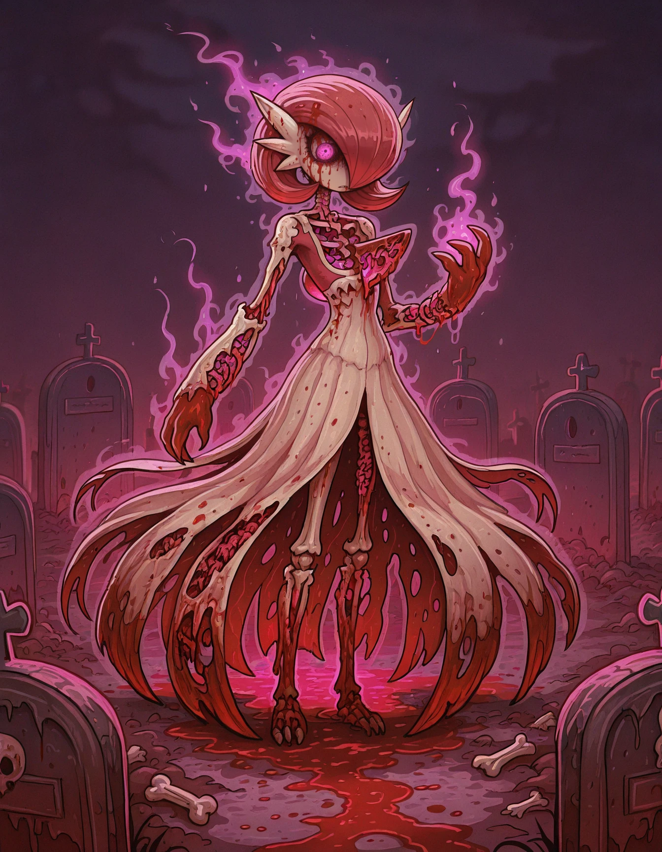 masterpiece, best quality, <lora:World_of_Undead_Illust:1> worldofundead, blood, gore, gardevoir, solo, pokemon \(creature\), psychic aura, purple glow, red hair, bone armour, in graveyard, visceral red bone dress,