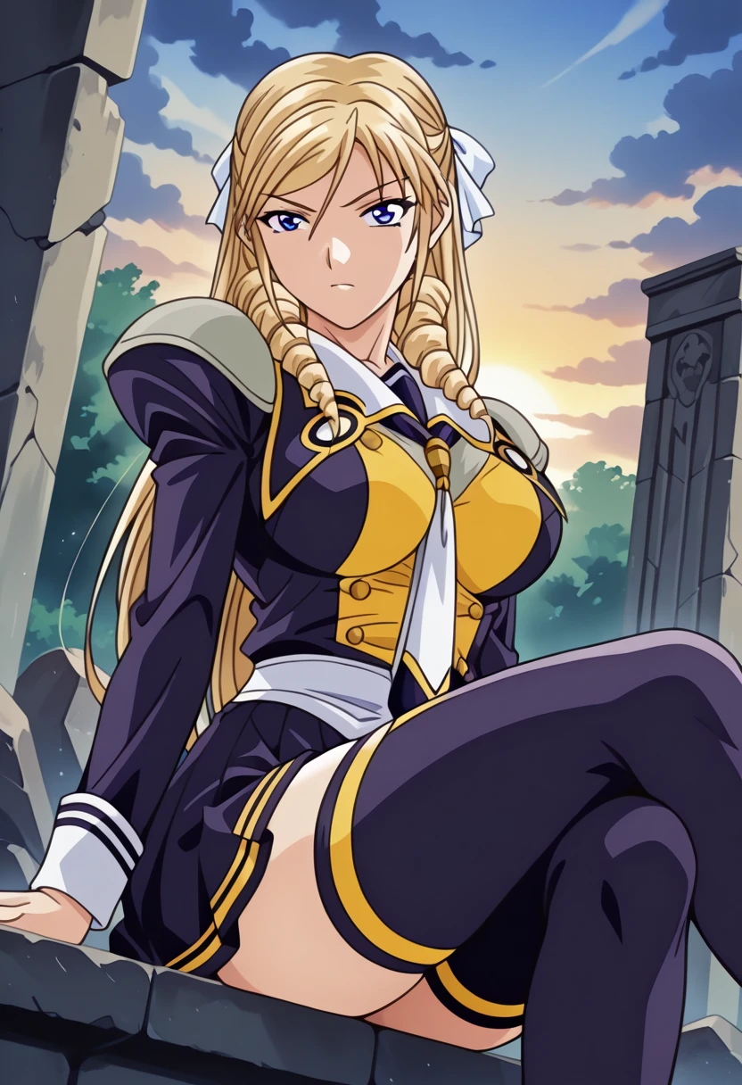 1girl,Leona Morimoto,long hair,blonde hair,drill hair,blue eyes,hair ornament,school uniform,discipline uniformn,two tone clothes,blue and yellow uniform,thigh highs,pleated skirt,Dutch angle,Sitting sideways, legs extended,(looking at viewer:1.1),serious gaze, eyes half-closed, teasing gaze,Ancient ruins, broken stone walls, overgrown,Sunrise,Cloudy, thick, shadowed,masterpiece,best quality,newest,absurdres,highres,(highly detailed eyes,perfect eyes:1.1) <lora:Leona_Morimoto_-_Illustriousv3.0:1.0>