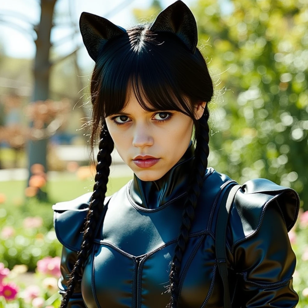 Ultra quality, ultra detailed, ultra defined textures, cinematic, dramatic lighting, ((full body shot)), ((smooth chin)), she's outside in a college garden, giving away brochures, contrasting shadows, wearing a black leather full bodysuit, pigtails and cat makeup on her face, cat ears, dramatic white pale gothic makeup, she has long hair with bangs, very dark hair, dark eyes, ultra detailed face showcasing subtle imperfections, skin pores and soft wrinkles, 8k.<lora:wednesday-addams-flux:0.9>w3dn3sd4y, RAW candid cinema, 16mm, color graded portra 400 film, remarkable color, ultra realistic, textured skin, remarkable detailed pupils, realistic dull skin noise, visible skin detail, skin fuzz, dry skin, shot with cinematic camera