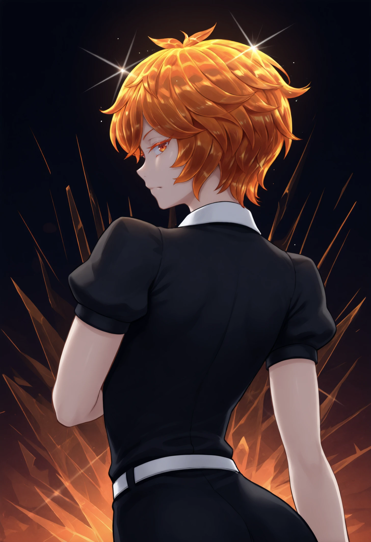 masterpiece, best quality, 1other, androgynous, light skin, colored skin, orange eyes, red eyes, colored eyelashes, orange hair, crystal hair, short hair,
black shirt, white collared shirt, puffy short sleeves, black necktie, white belt, black short,
looking at viewer, looking back, pose,
dark background, abstract background, sparkle, shards,
<lora:Zircon-Houseki-no-Kuni-NoobAi-1.1_V1-Manityro-CAME:1.0>