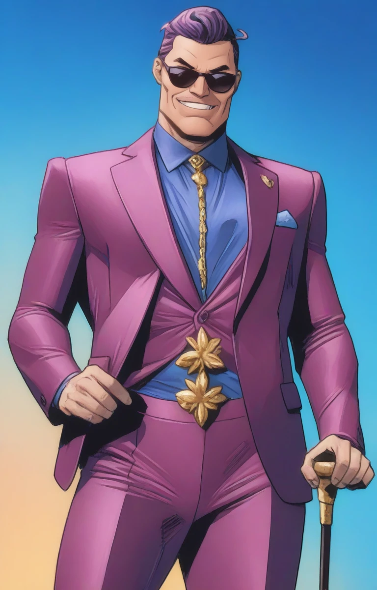 man, mature male, P.I.M.P., solo, purple suit, shimmering clothes, cane, sunglasses, smug, vivid colors, Clay Mann, masterpiece \(quality\), best quality <lora:ClayMann-000028:1.3>