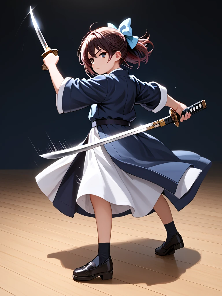 score_9, source_anime, holding katana, holding knife, hand on hilt, battle stance, dancing, lunge, 1girl, updo, hair bow, japanese clothes, open coat, full body, motion blur, motion lines, speed lines, wind lift, spin in place, <lora:girllikekatanaandknife_pony:0.5>