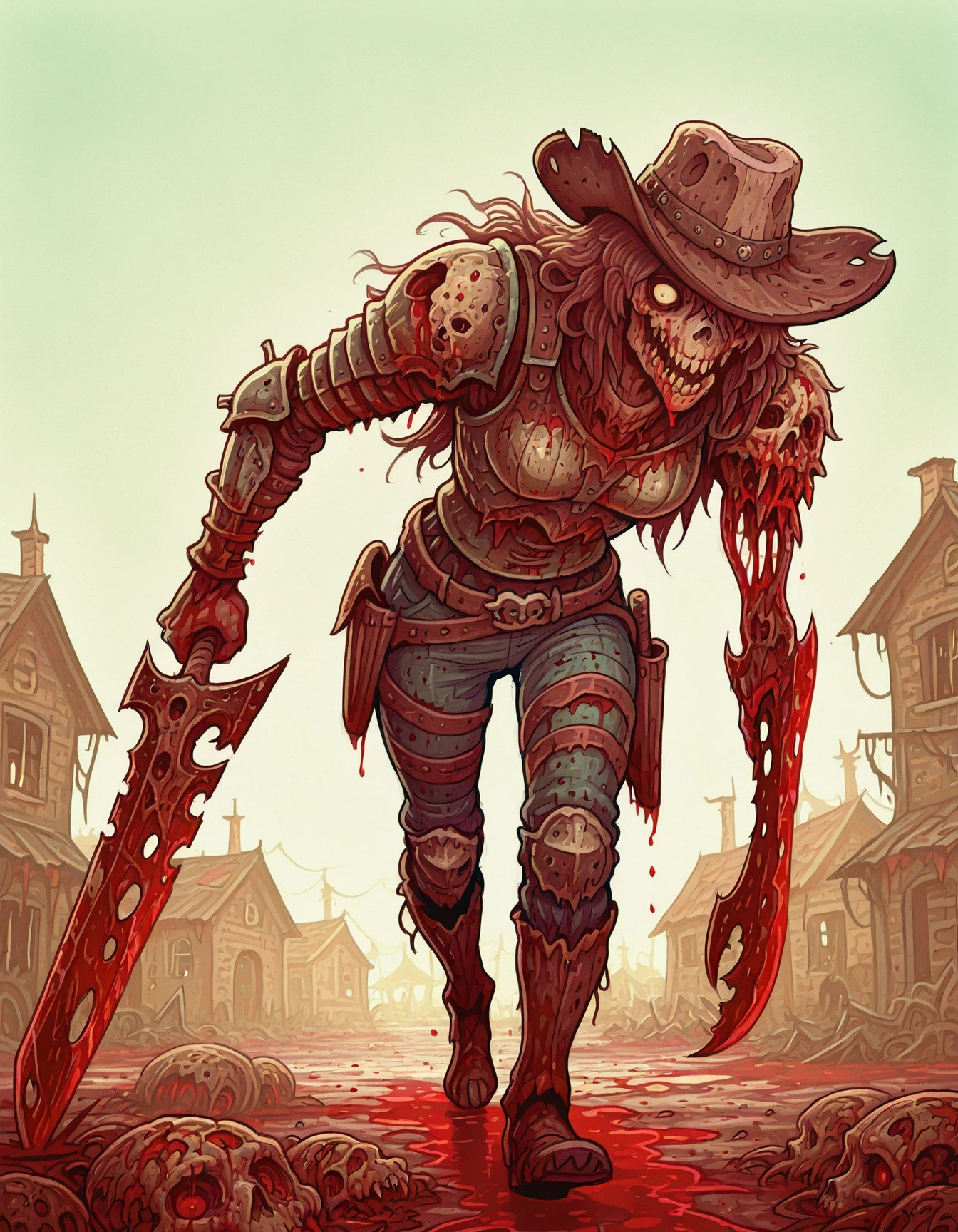 masterpiece, best quality, <lora:World_of_Undead_Illust:1> worldofundead, blood, gore, 1girl, armoured, in ruined town,  walking, holding sawblade sword, cowboy hat,