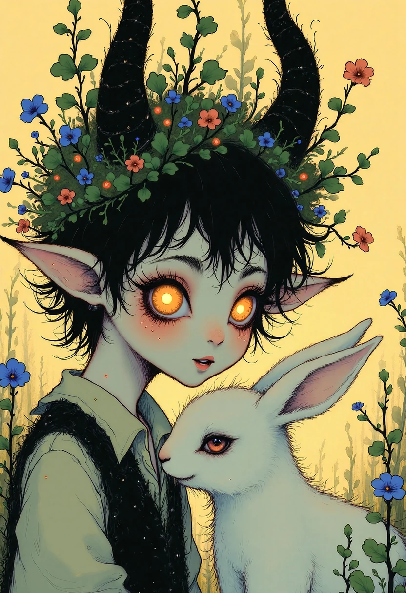 in the style of ppWhimsy, a detailed portrait of a boy with a crown of ivy and tiny horns, his freckled face lit by a warm glow as he smiles at a fluffy white rabbit nuzzling his cheek, surrounded by a soft haze of golden light