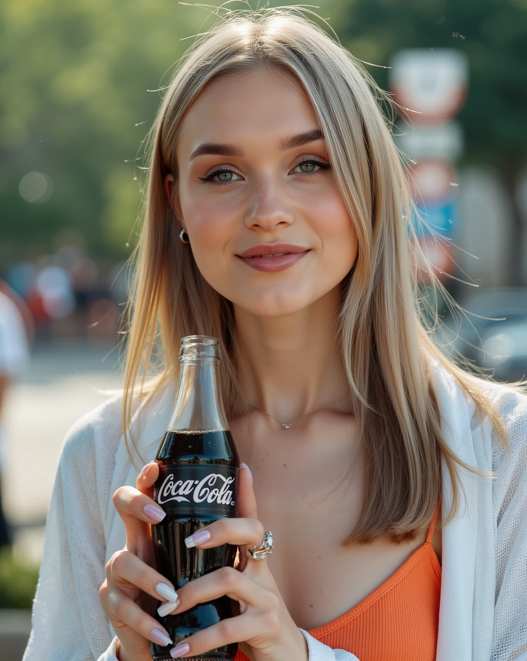 A Coca Cola Gabriela Skyrpan ad, holding bottle of Coca Cola, photoshoot.