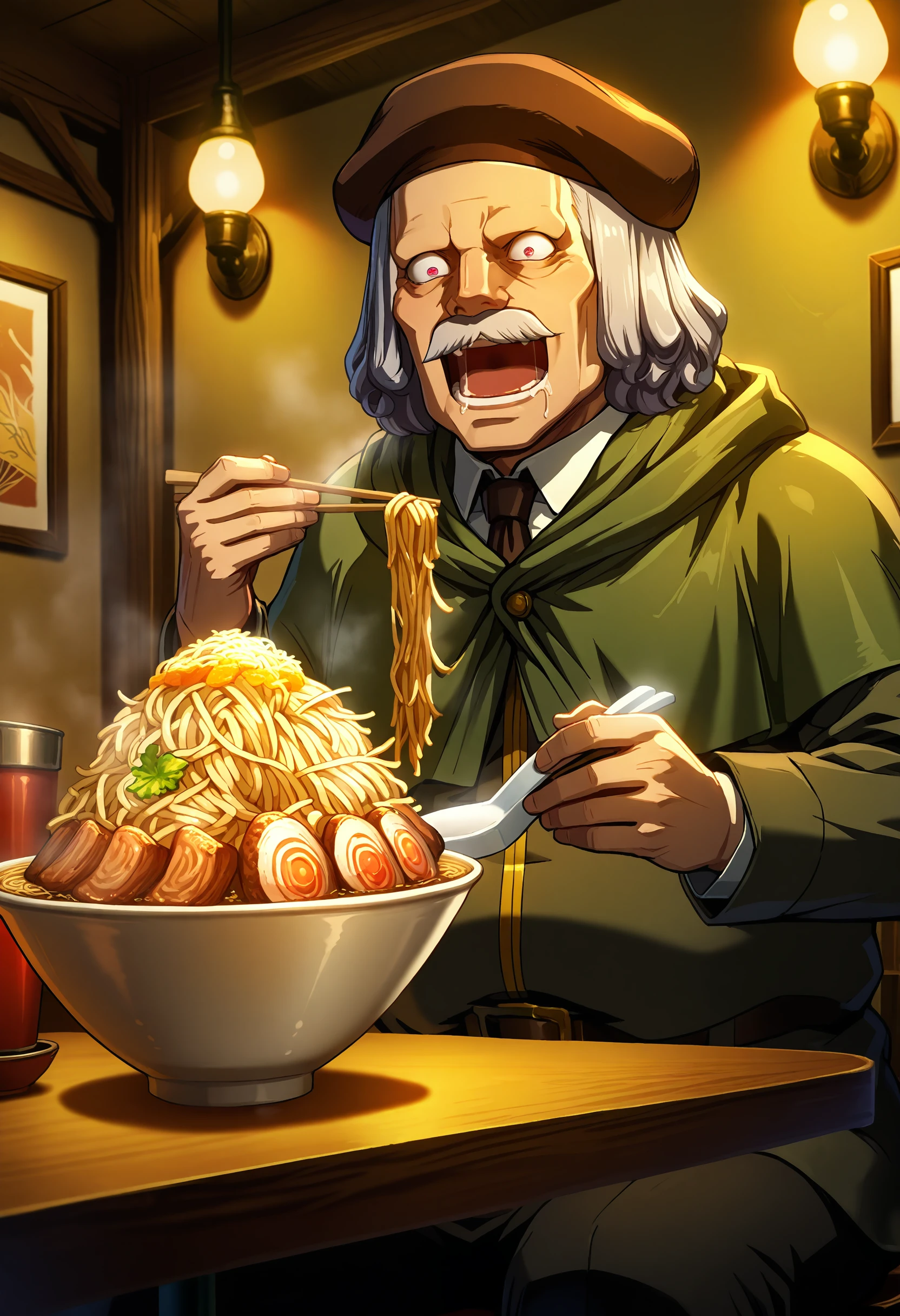 best quality, masterpiece, anime_screencap, hi res, best_quality, very aesthetic, absurdres, 8k, Thbrd, old man, 1boy, solo,
mustache,
crazy_eyes, crazy_smile, saliva, open_mouth, teeth, hat, jacket, capelet, necktie, shirt, belt, pants, footwear,
jirou,ramen, steam, pepper,
noodles, sitting, table, steam,eating,holding chopsticks, fantasy, indoors, beautiful lighting, ray traced, dining_room