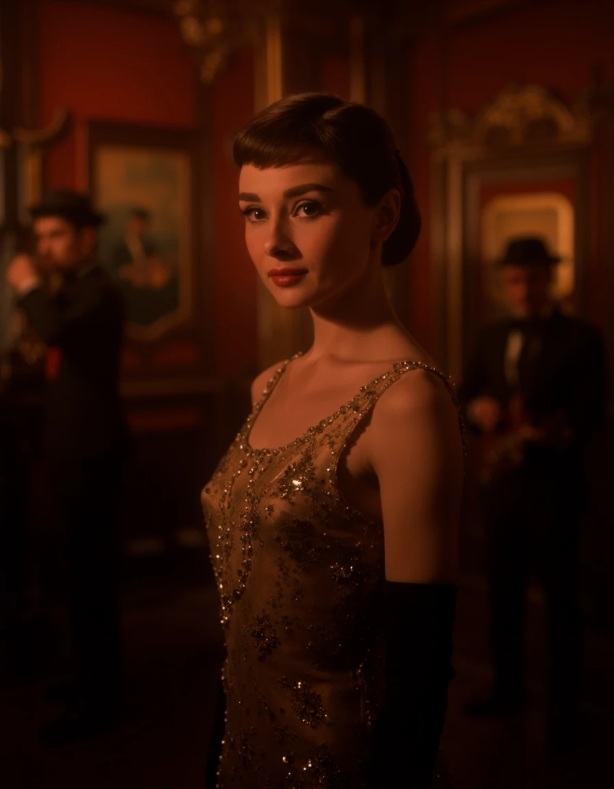 4udr3yh3p8urn, a woman wearing a 1920s flapper dress with intricate beadwork, posing in a grand speakeasy with jazz musicians in the background <lora:F1D_Audrey-Hepburn_v01e09:1.0>, moody and atmospheric lighting, intricate historical details, timeless and glamorous, vibrant and elegant compositionâââ