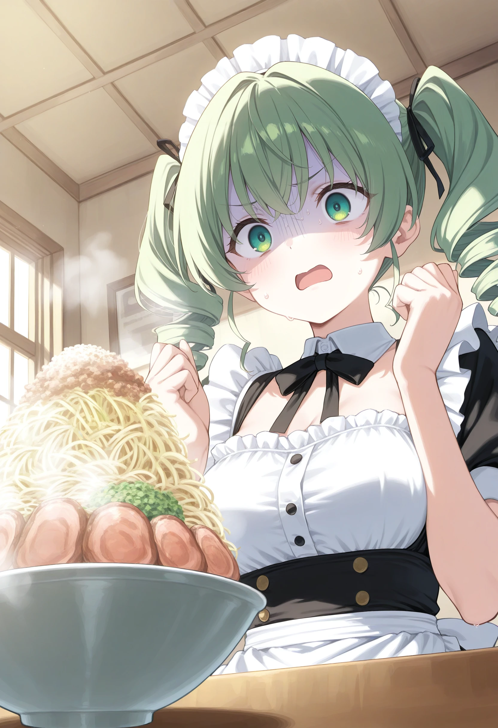1girl,(sho \(sho lwlw\):0.7),(toosaka asagi:0.5),(sincos:0.3),solo,
masterpiece, best quality, newest, absurdres, CG, anime, source anime, illustration,
maid, maid headdress,medium breasts,
jirou,ramen,noodles, sitting, table, steam,hands up, <lora:jirou_Illust_v1:0.8>
ceiling, portrait, looking ahead, green hair, green eyes,gloom \(expression\), twin drills hair,, open mouth