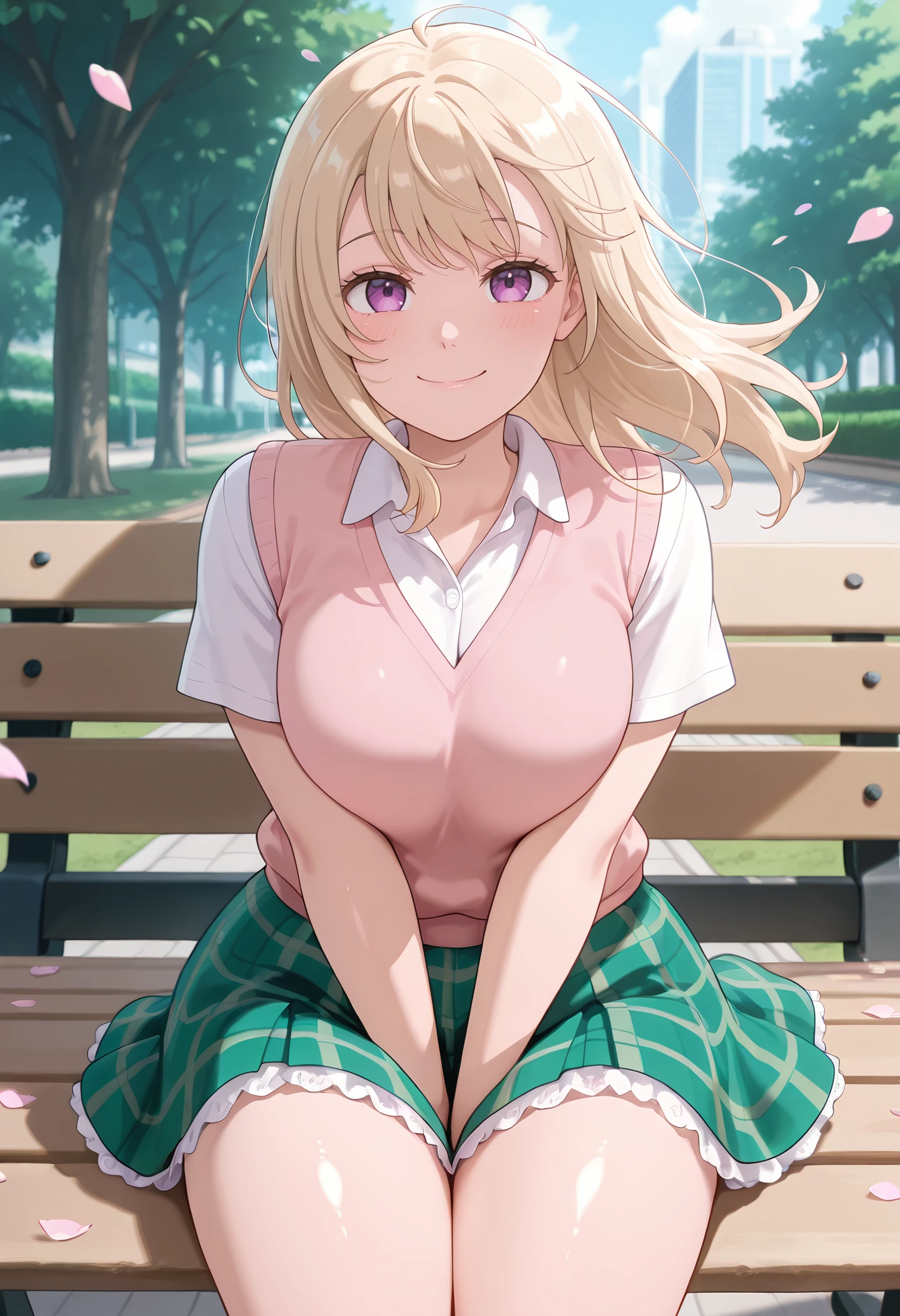 masterpiece,best quality,absurdres, amazing quality, shiny skin
tokyo \(city\), park, falling petals, cowboy shot, looking at viewer, wind, wind lift, smile, sitting, on bench, park bench, arms between legs
<lora:KawaiiMona-11:1> kawaiimona, 1girl, long hair, blonde hair, purple eyes, shirt, white shirt, collared shirt, skirt, ((plaid yellow:1)), plaid skirt, short sleeves, pink sweater vest, green skirt, petticoat, miniskirt,