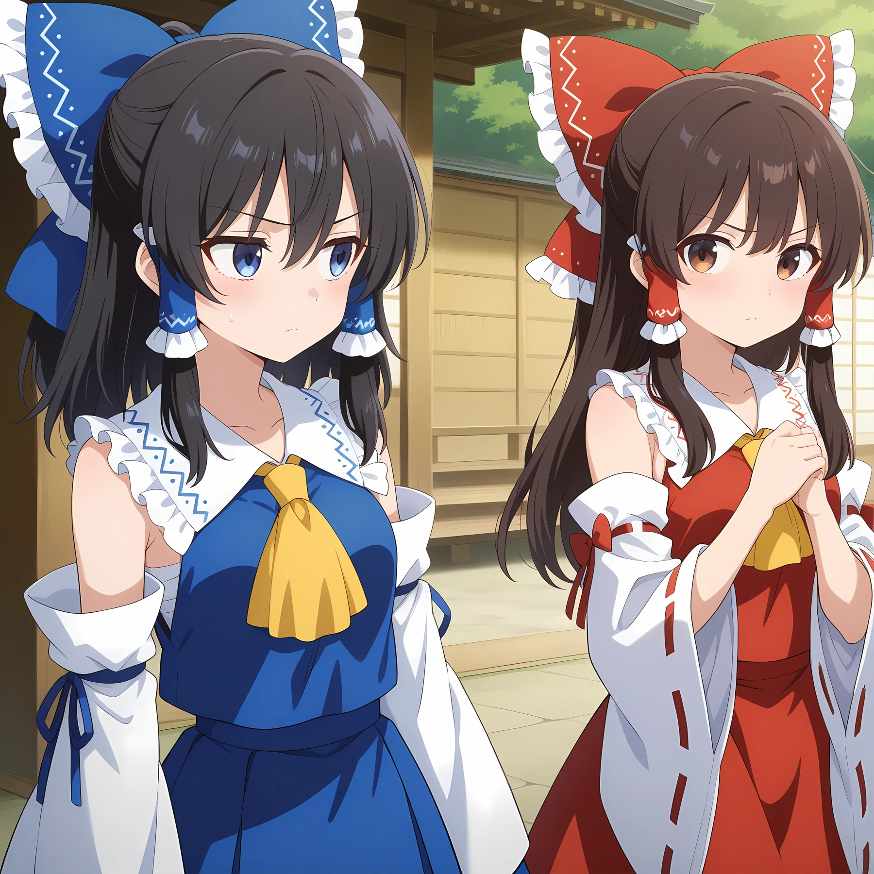 detailed, absurdres, highres, masterpiece, best quality, amazing quality, looking at each other, outside, official anime artwork, screencap, anime screencap,
multiple girls, 2girls, chatting, 
<lora:Hakurei-Reimu_Illustrious:1> hakurei reimu, 1girl, long hair, black hair, blue eyes, bangs, sidelocks, hair between eyes, small breasts,, bow, hair bow, hair tubes, blue bow, ascot, frilled bow, yellow ascot, ribbon-trimmed detached wide sleeves, blue skirt, ribbon trim, blue ribbon trim, blue ribbon-trimmed detached wide sleeves, blue bow, blue tubes, blue frilled bow, serious, 
hakurei reimu, 1girl, long hair, brown hair, brown eyes, bangs, sidelocks, hair between eyes, small breasts,, bow, hair bow, hair tubes, red bow, ascot, frilled bow, yellow ascot, ribbon-trimmed detached wide sleeves, red skirt, ribbon trim,