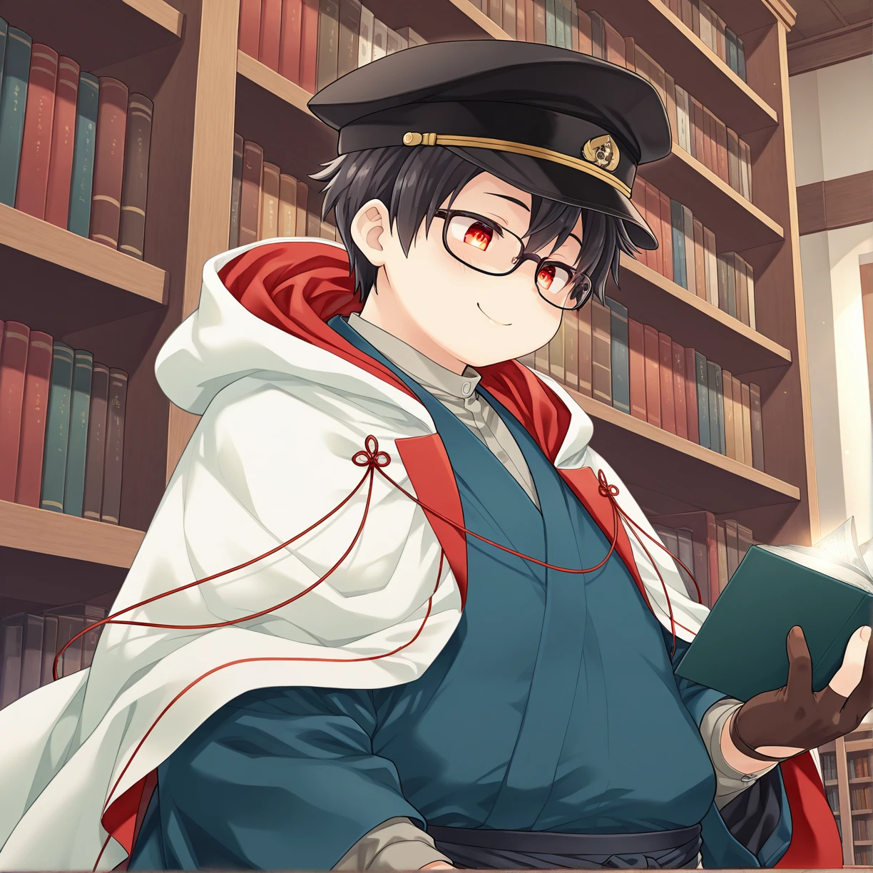 masterpiece, best quality, amazing quality, colorful, vibrant, very aesthetic, detailed background, <lora:sagami-v1-000009:0.8> t-sagami, 1boy, glasses, red eyes, peaked cap, two-sided hooded cloak, japanese clothes, blue kimono, partially fingerless gloves, upper body, holding book, solo, library, from side, looking down, smile, from below, dynamic light, flying books, glowing eyes,