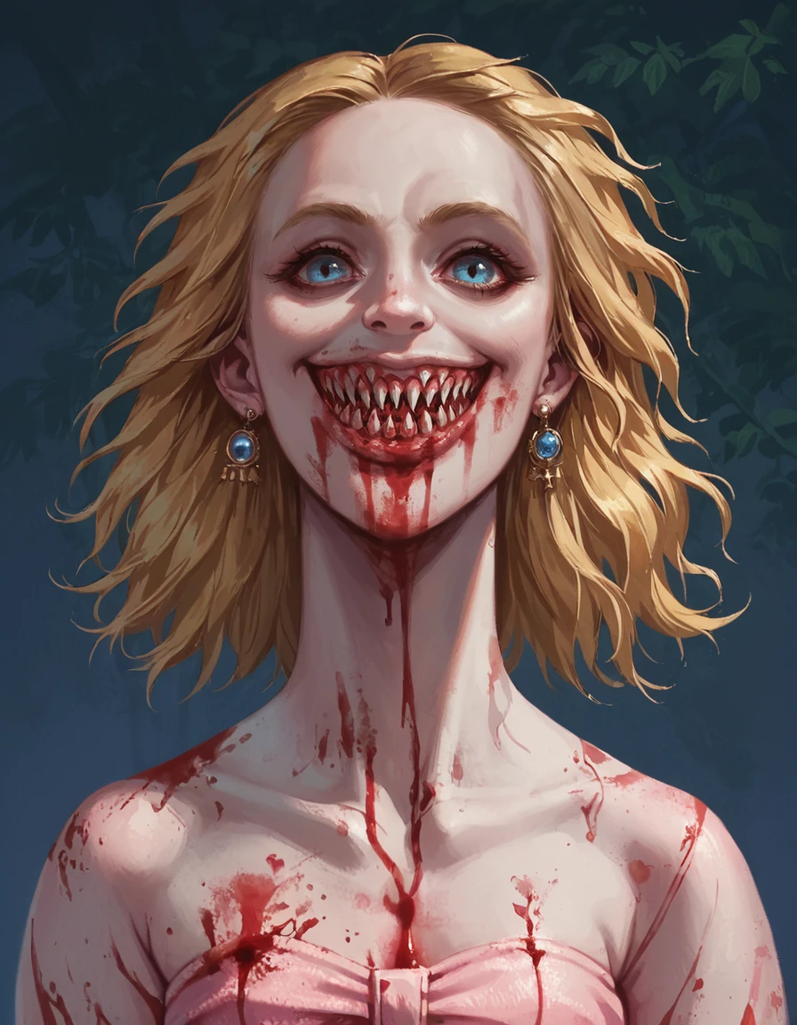 score_9, score_8_up, score_7_up, zPDXL, masterpiece, source_anime<lora:sn0wStyle:1> <lora:HKHorrorXL:1>horror (theme), solo, earrings, jewelry, blonde hair, teeth, blood, smile, 1girl,   sharp teeth, pink dress, fuchi artist<lora:Miss_Fuchi_-_The_Artist_Junji_Ito_X_Dead_by_Daylight:0.8>