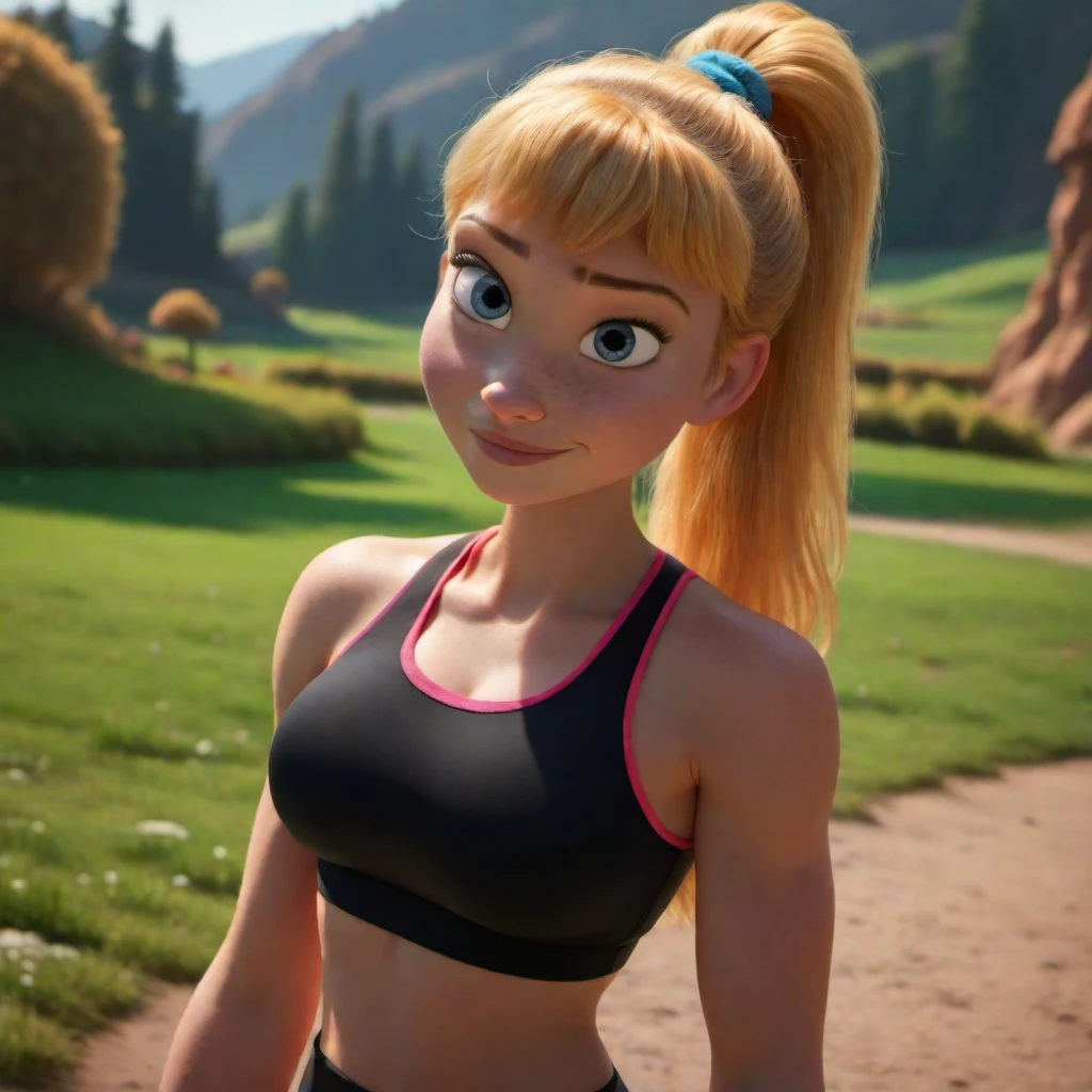 masterpiece, best quality, disney, 1girl, solo, blonde hair, high ponytail, blue eyes, black sports bra, upper body, <lora:LeafQuality3D_H_illustrious_Leaf2:1> , outdoors, depth of field, looking at viewer,