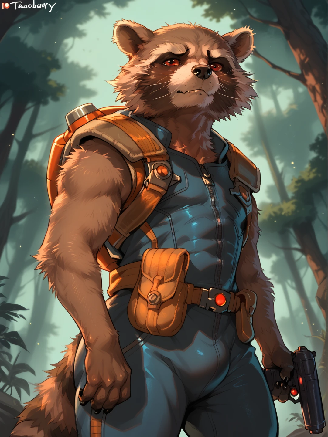 score_9, score_8, rocket raccoon, raccoon, rocket raccoon gotg,  score_6_up, 1boy, solo, bara, red eyes, colored sclera,  sfw, pose, gun on shoulder, low camera angle, expressive, detailed, space suit, small body, forest background, zackary911