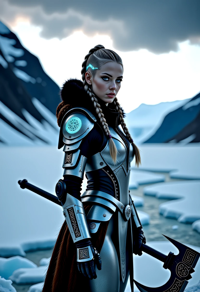 A captivating image emerges, focusing on a viking_punk warrior-princess with her presence commanding attention in the icy wasteland. Her futuristic viking armor based on traditional viking armor, a seamless fusion of technology and her athletic form, slim-athletic form highlights her strength and agility. The warrior's twin braids with shaved sides, frames her determined expression, while her piercing eyes bore into the viewer. Ancient runes are etched into her battleaxe and armor, crackling with mystical glowing energy. The frozen landscape, a testament to her people's resilience, stretches into the distance, where dark, ominous clouds partially veil the rugged mountainous pass, filling the air with crispness and the promise of lightning. This artwork, with its Nordic and Viking-inspired elements, captures the essence of a powerful futuristic figure, seamlessly blending ancient traditions with futuristic innovations. Beauty, chiaroscuro, play of shadow and light, realistic,        <lora:artist/style_of_H._R._Giger_FLUX_295-000006.safetensors:1.0>, style of H. R. Giger, <lora:wlop:0.8>, wlop,  <lora:flux/flux realism lora.safetensors:1.0>,  <lora:art and styles/MysticFantasy.safetensors:1.0>,  <lora:scifi/RM Robotify v0.7M.safetensors:1.0>,