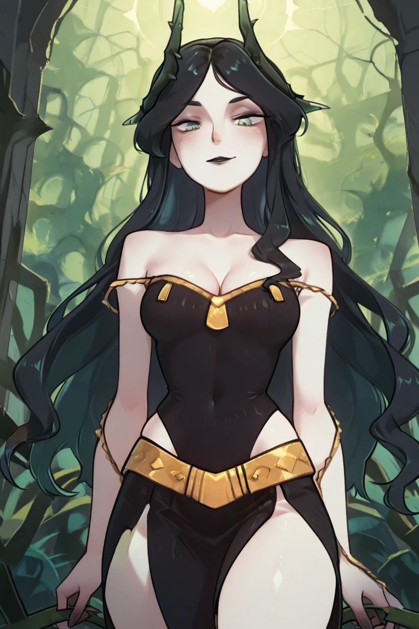 masterpiece, best quality, solo, curvy, beautiful eyes, zzCecia, green eyes, horns, grey skin, black lips, colored skin, black hair,  pale skin,  long hair, bare shoulders, dress, black dress, side slit, cleavage, jewelry,  <lora:CeciaAFKIXL:1.0>, dynamic pose, cowboy shot, smile, looking at viewer, shiny skin,<lora:TobiaswhellerIXL_v2:1.0>,