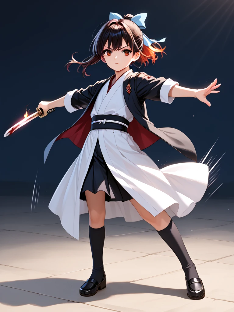 score_9, source_anime, katana, holding katana, holding knife, hand on hilt, battle stance, dancing, lunge, 1girl, updo, hair bow, japanese clothes, open coat, full body, motion blur, motion lines, speed lines, wind lift, spin in place, [(((flaming_weapon, flaming_sword, blood_on_knife))):14], <lora:girllikekatanaandknife_pony:0.5>