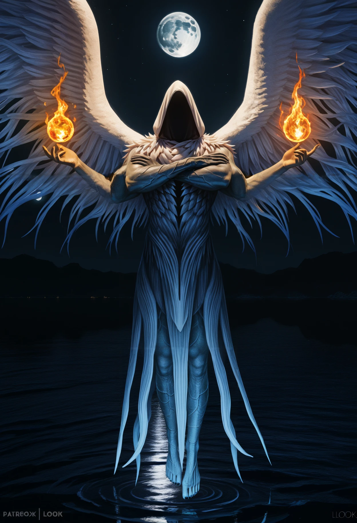 masterpiece, best quality, newest, absurdres, highres, realistic, photorealistic, dim lighting, outdoors, night, water, star \(sky\), full moon, black moon, moonlight, 1other, solo, 
monster, no humans, akedkurrrl, faceless, no eyes, no mouth, extra arms, veins, angel wings, hood up, hooded robe, white robe, barefoot, full body, floating, index finger raised, pyrokinesis, fireball,   <lora:Darklurker:1>