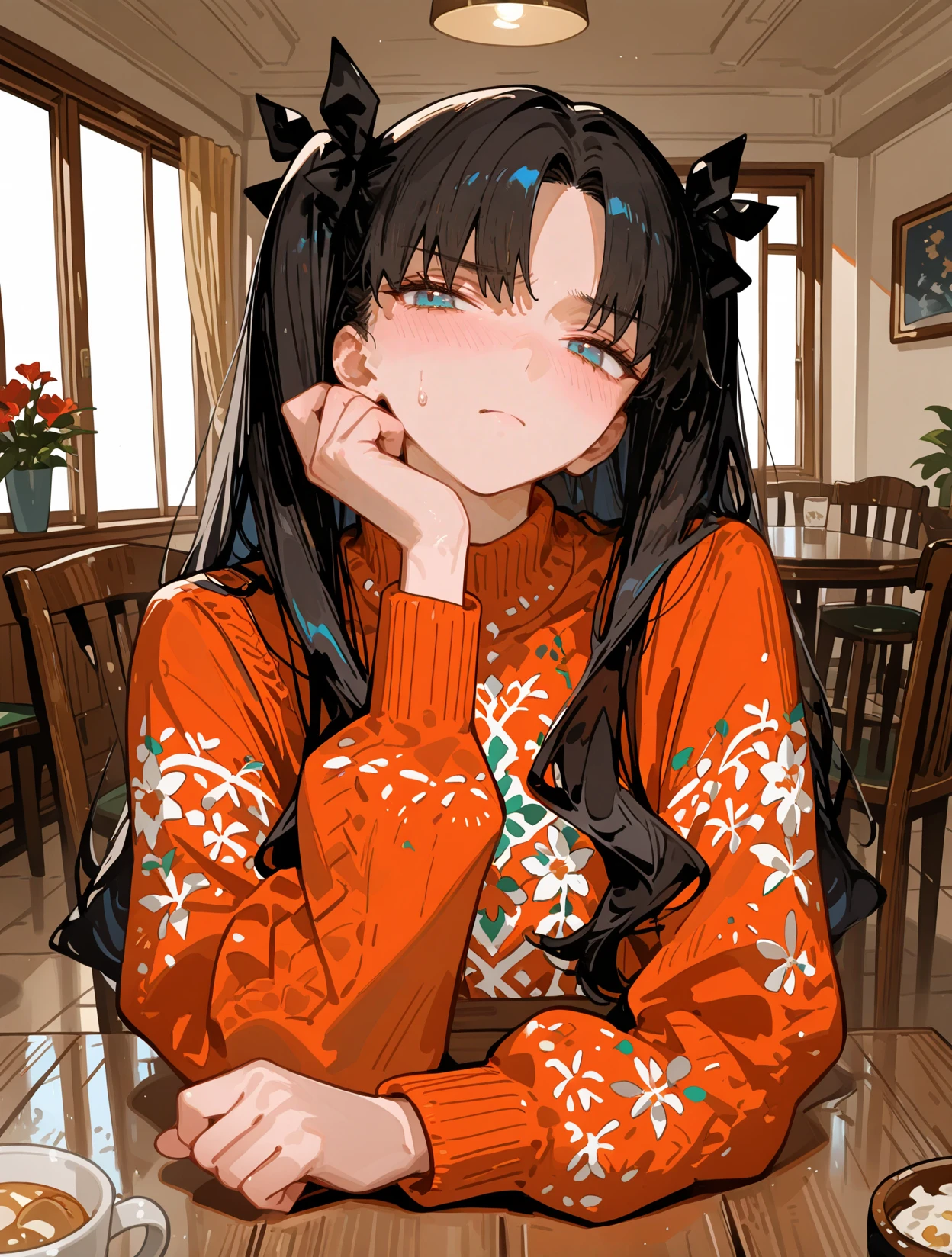 TohsakaRinCYQL,1girl,solo,long hair,black hair,two side up,bangs,parted bangs,ribbon,hair ribbon,black ribbon,blue eyes,Chenille flower pattern sweater, corduroy pants, moccasin slippers,
BREAK
frustrated,head_tilt,v,,on_side,straight-on,portrait,
BREAK
scenery,chair,indoors,table,window,ceilinglight,sciencefiction,ceiling,,
BREAK
<lora:ponyv4_noob1_2_adamW:0.7>,<lora:spo_sdxl_10ep_4k-data_lora_webui:0.6>,<lora:USNR STYLE_XL_loha:0.45>,<lora:748cmSDXL:1>,usnr,748cmstyle,<lora:TohsakaRin_Illustrious by Cyql:1>,
perfect quality,high quality,masterpiece,best quality,amazing quality,very aesthetic,absurdres,newest,