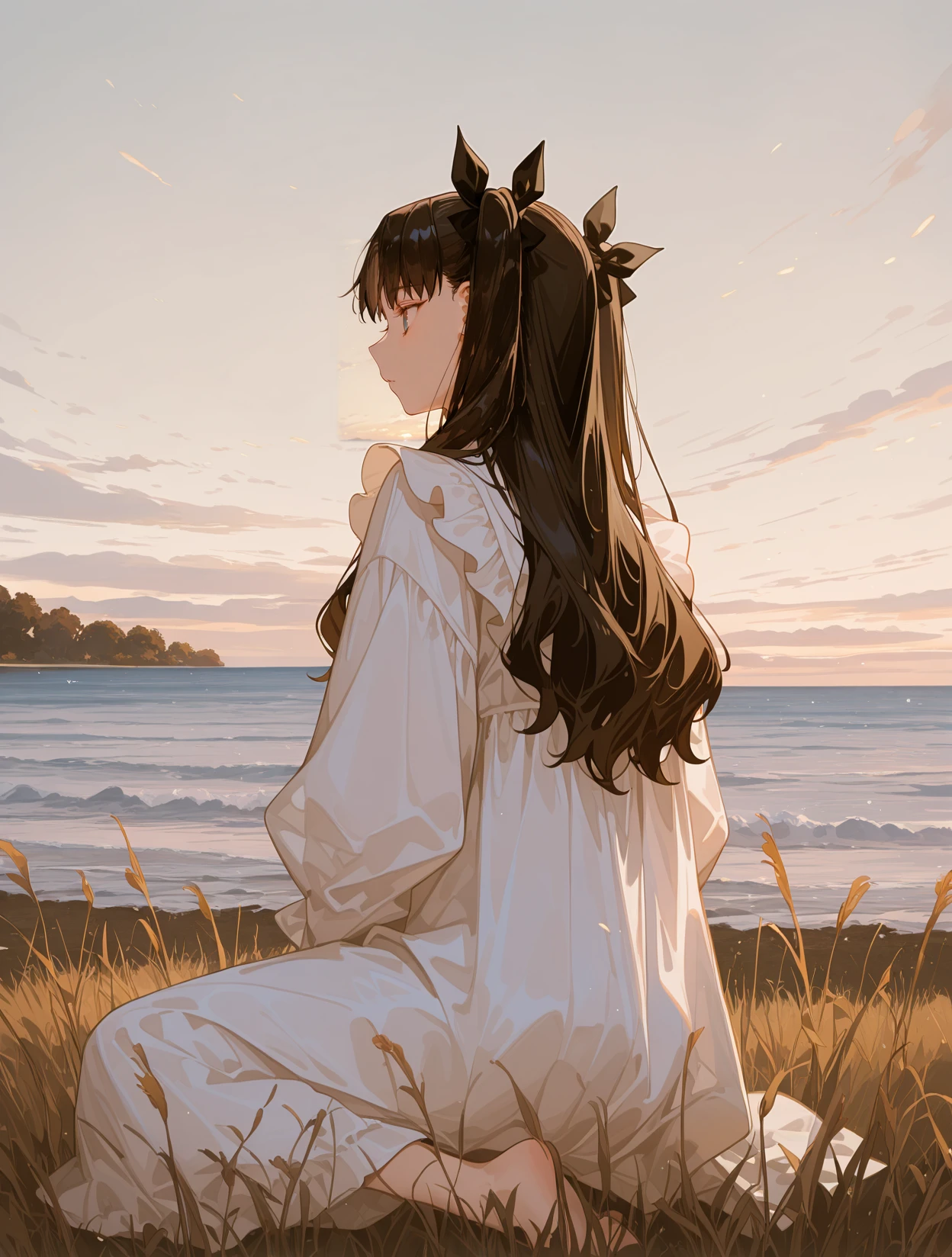 TohsakaRinCYQL,1girl,solo,long hair,black hair,two side up,bangs,parted bangs,ribbon,hair ribbon,black ribbon,blue eyes,Zen style, minimalist clothing, natural fabrics, neutral colors, clean lines, understated accessories, relaxed silhouettes, mindfulness-inspired fashion,
BREAK
naughty_face,looking_at_viewer,shading_eyes,,yokozuwari,facing away,Medium shot,
BREAK
outdoors,scenery,cloud,sky,cloudysky,grass,water,horizon,ocean,plant,greysky,tree,nature,,
BREAK
usnr,748cmstyle,<lora:USNR STYLE_XL_loha:0.45>,<lora:DarkerThanBlackIllustrious:0.5>,<lora:spo_sdxl_10ep_4k-data_lora_webui:0.6>,<lora:illustrious_all_rated_v1:0.7>,<lora:748cmSDXL:0.8>,<lora:illustrious_quality_modifiers_masterpieces_v1:0.9>,<lora:TohsakaRin_Illustrious by Cyql:1>,
perfect quality,high quality,masterpiece,best quality,amazing quality,very aesthetic,absurdres,newest,