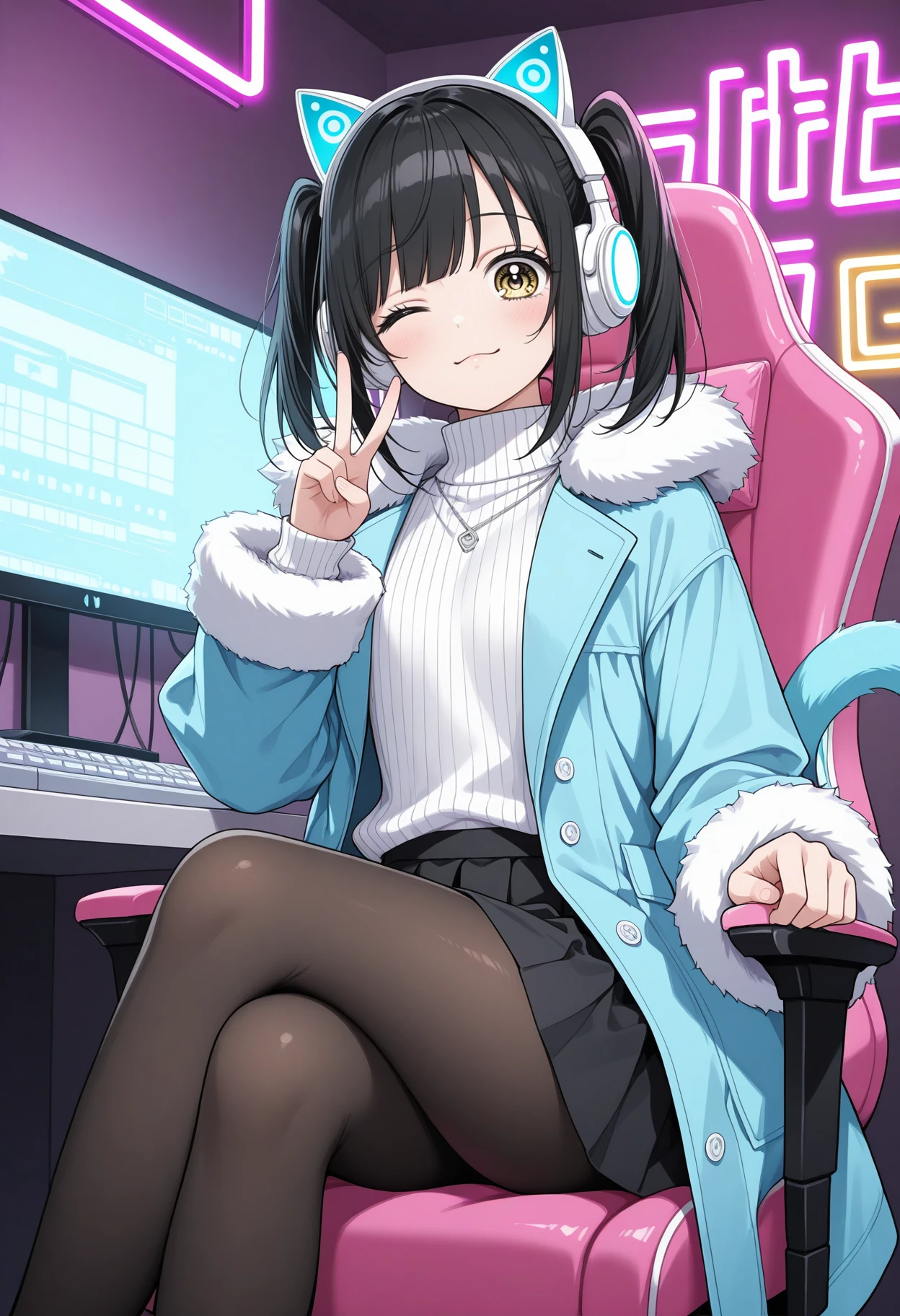 masterpiece, best quality 1girl,solo, black hair, medium hair, yellow eyes,
cat tail, :3, looking at viewer, sitting, gaming chair, crossed legs, v, twintails, animal ear headphones, one eye closed, blue coat, fur-trimmed coat, open coat, long sleeves, fur-trimmed sleeves, white sweater, ribbed sweater, turtleneck, black skirt, pleated skirt, black pantyhose, indoors, bedroom, neon lights, computer, computer keyboard
<lora:ishimori_uka_meipaws_1:1>