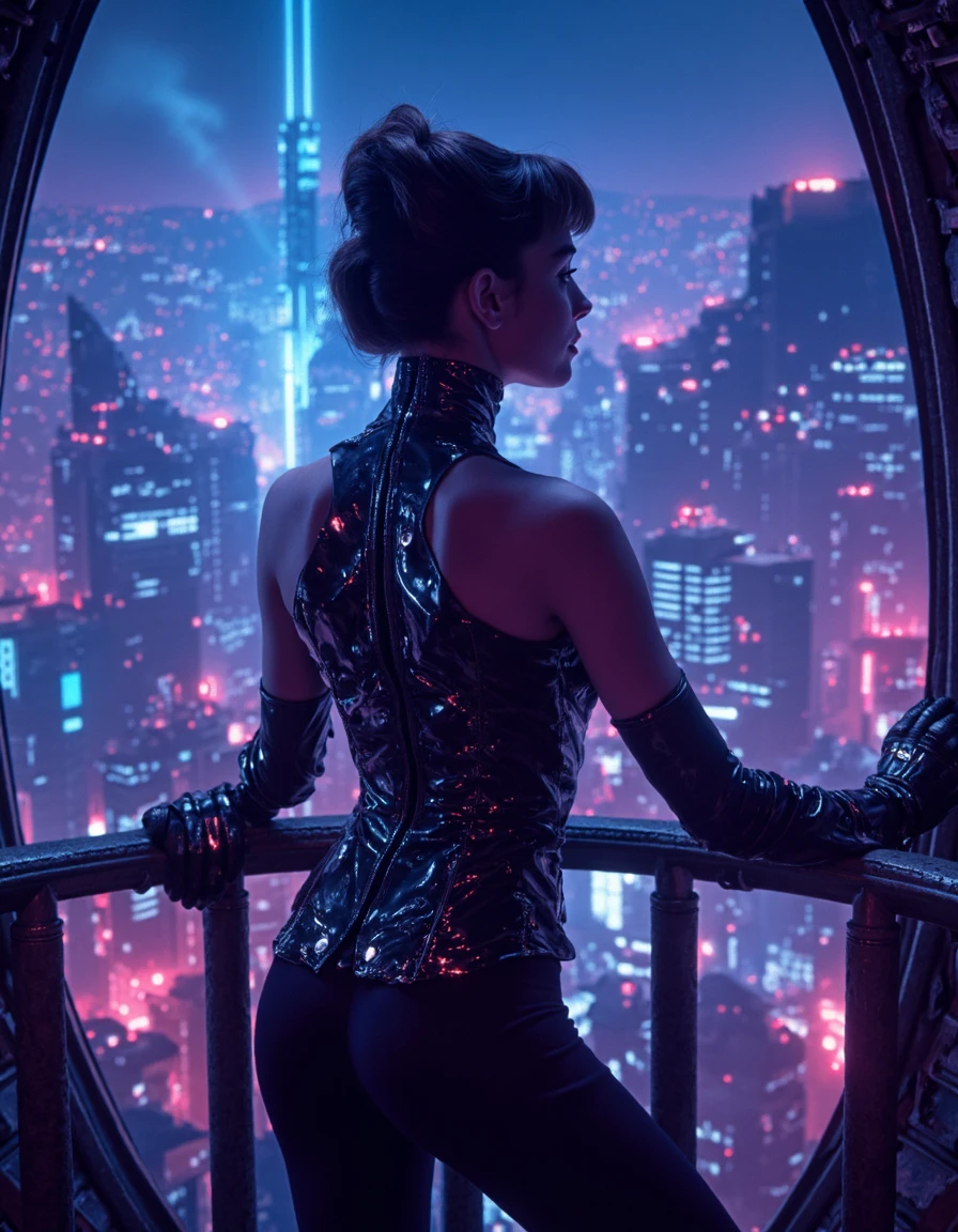 4udr3yh3p8urn, a woman styled in futuristic attire with metallic accents, standing on a high-tech city balcony overlooking a sprawling neon-lit metropolis <lora:F1D_Audrey-Hepburn_v01e09:1.0>, sharp futuristic elements, glowing details, vibrant and immersive atmosphereâââ