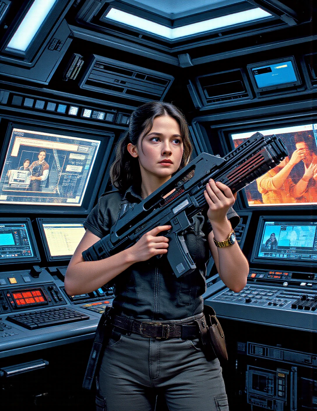 Imagine an image in the style of a graphic novel illustration, featuring a young female colonist standing on the bridge of a space ship holding a pulse rifle in both hands, command centre, holographic screens, science fiction,