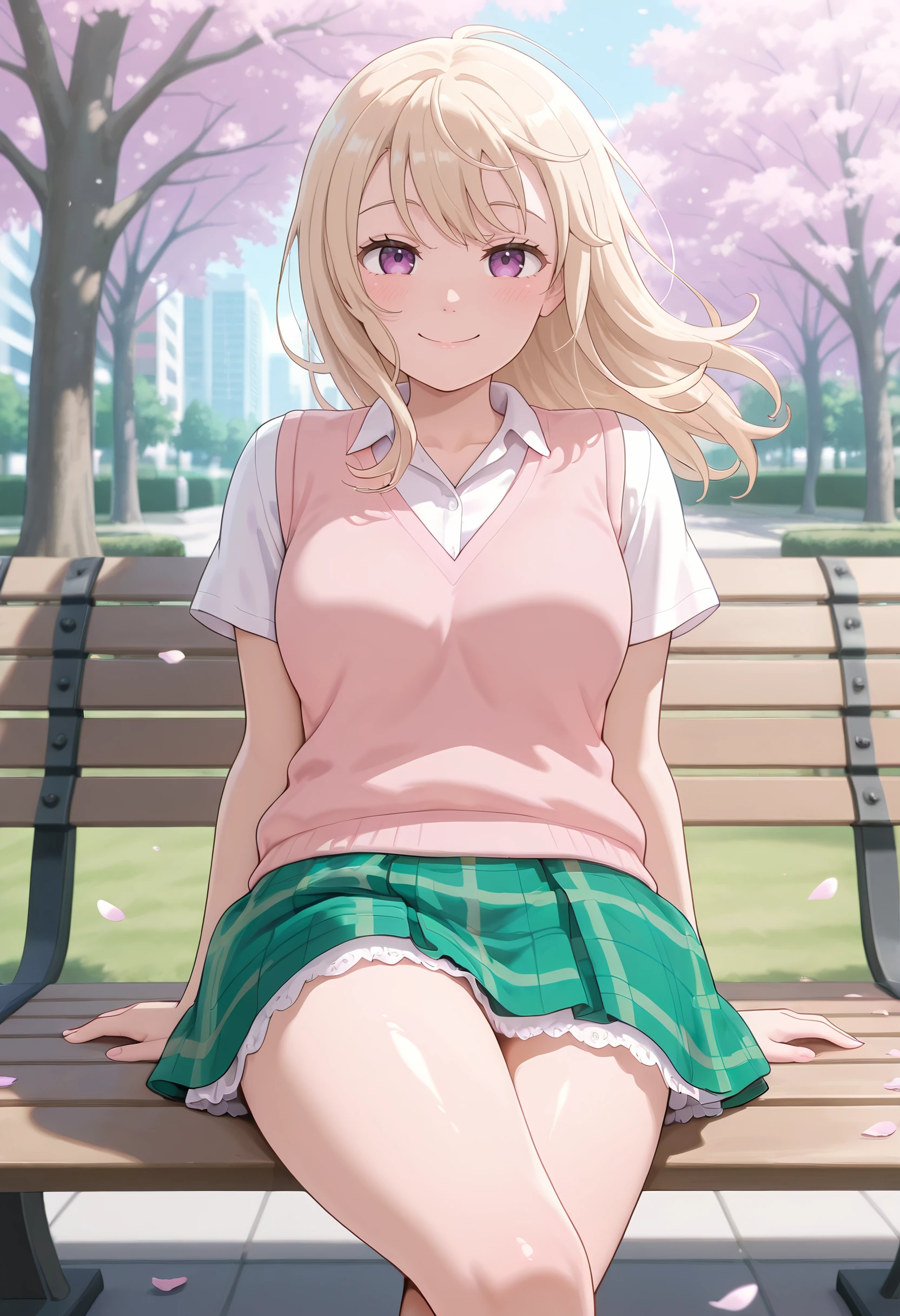 masterpiece,best quality,absurdres, amazing quality, shiny skin
tokyo \(city\), park, falling petals, cowboy shot, looking at viewer, wind, wind lift, smile, sitting, on bench, park bench, crossed legs,
<lora:KawaiiMona-11:1> kawaiimona, 1girl, long hair, blonde hair, purple eyes, shirt, white shirt, collared shirt, skirt, ((plaid yellow:1)), plaid skirt, short sleeves, pink sweater vest, green skirt, petticoat, miniskirt,