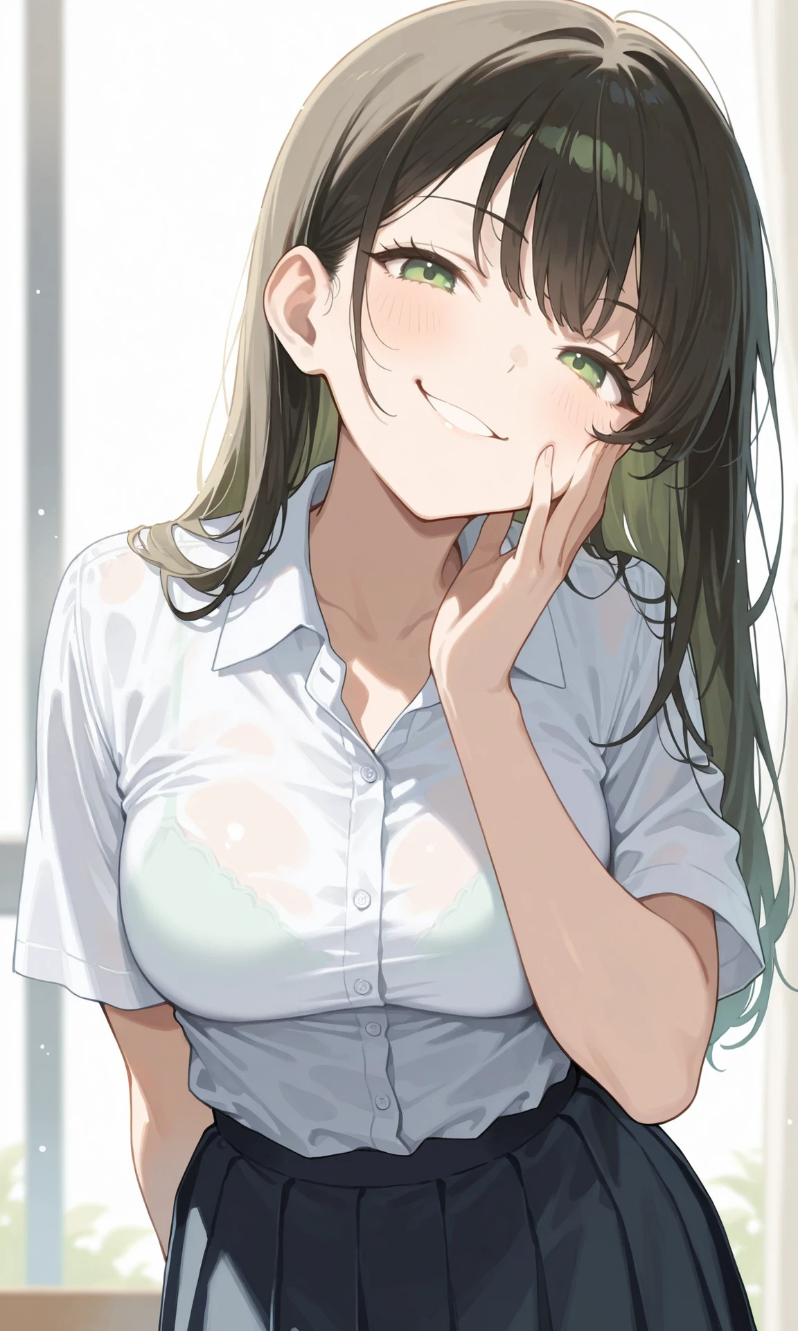 masterpiece, best quality, 1girl, solo, looking at viewer, smug, smile, medium breasts, black long hair, green eyes, shirt, skirt,