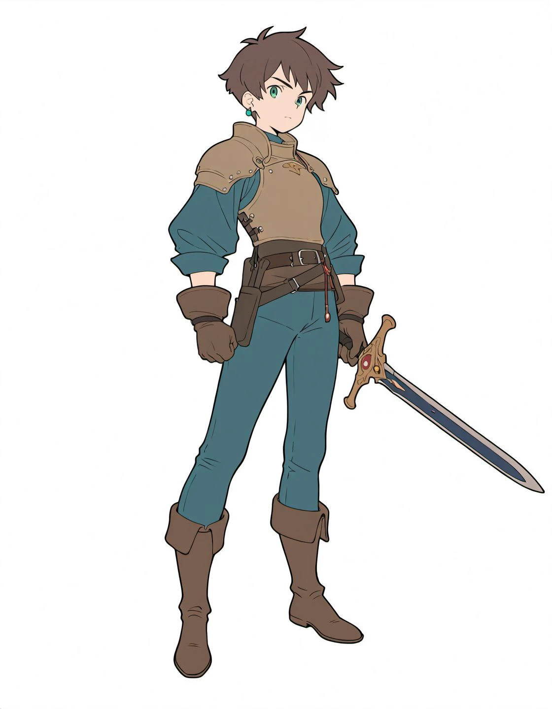 masterpiece, best quality, amazing quality, very aesthetic, high resolution, <lora:fabula_ultima_character_style_v3_illustrious_epoch_7:0.9>, flat color, four fingers and a thumb,
fabula-ultima, weapon, sword, 1boy, holding weapon, holding sword, holding, armor, male focus, gloves, simple background, brown hair, brown gloves, closed mouth, jewelry, white background, earrings, shoulder armor, boots, belt, short hair, standing, green eyes, pants, brown footwear, blue eyes, full body, looking at viewer, pauldrons,