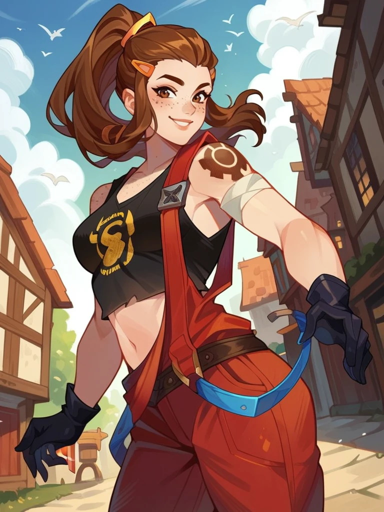 score_9, score_8_up, score_7_up, 1girl, dynamic pose, cowboy shot, looking at viewer, sexy pose, sexually suggestive, light smile, dutch angle, town, sky, from side,
<lora:ABriggite_character:0.8>, BriggiteXL, brown eyes, brown hair, ponytail, hair pulled back, freckles, hairclip, sidelocks,, shoulder tattoo, tank top, red overalls, black gloves, navel,, <lora:afkArenaStylePony:0.8> afkArenaStyle,