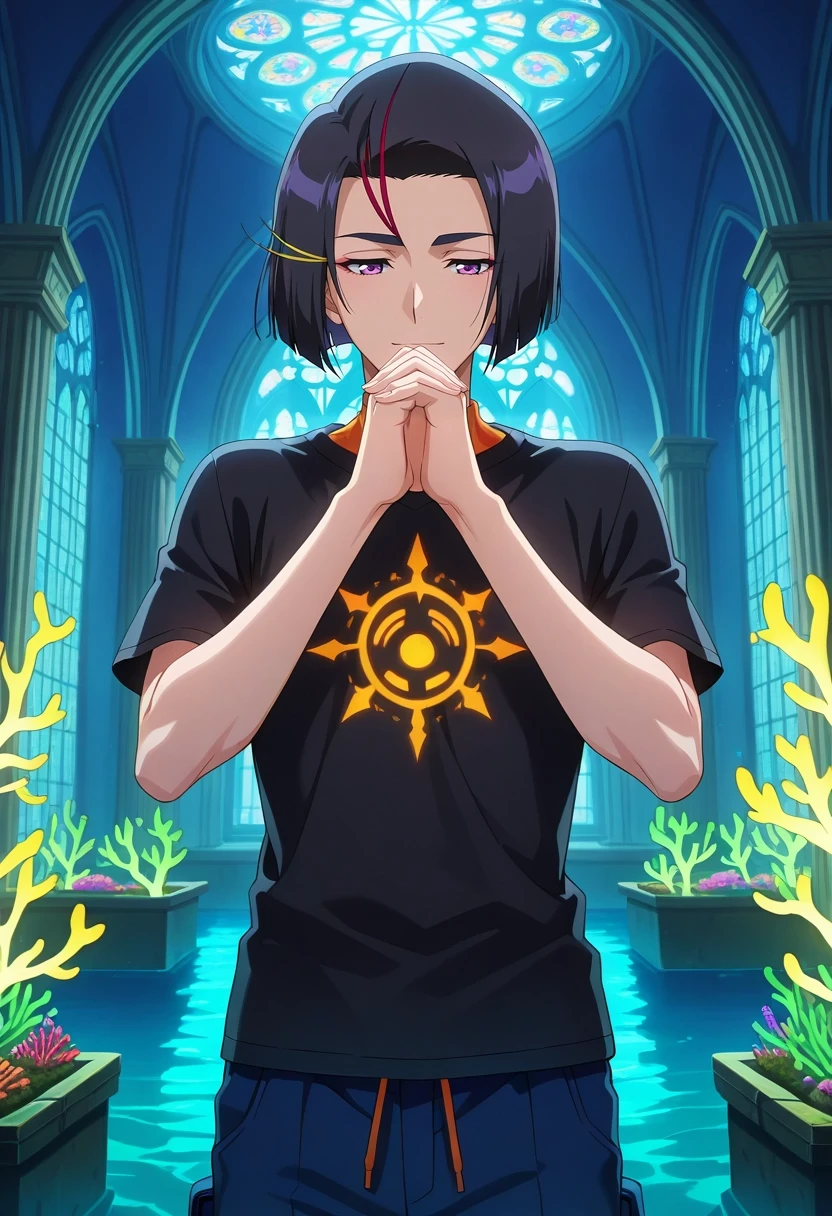 masterpiece, best quality, , anime screencap, , , , 1boy, solo, male focus, <lora:yumichika_ayasegawa_ilxl:1>, yumichika_ayasegawa, black hair, purple eyes, short hair, , underwater cathedral, bioluminescent arches, glowing kelp, coral sanctuaries, praying pose, peaceful expression, deep-sea light, Digital print Azure Velvet Cargo pants, T-shirt, , ,