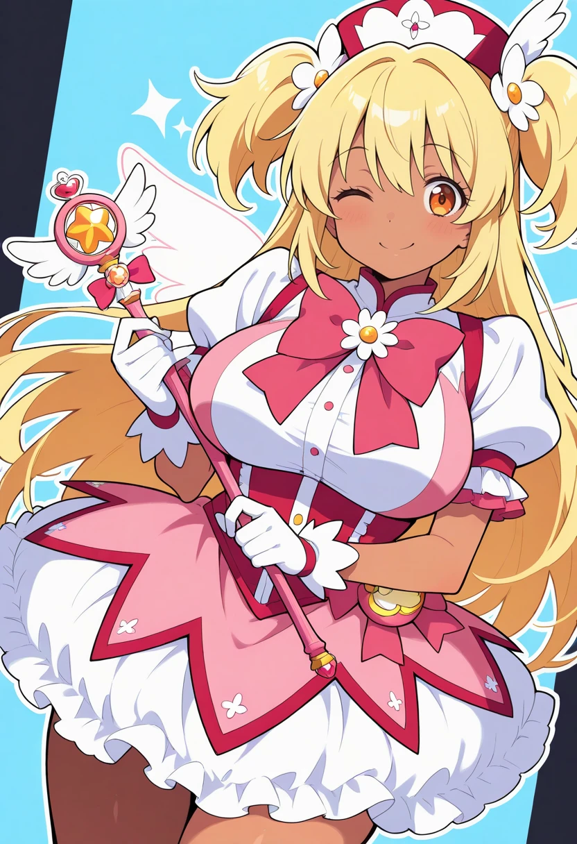 ,anime cg, highresolution, cute , smile, (RED Ribbon on HAIRband:1.2),(sfw:1.3), (1girl:1.5), (), (oppai loliest quality, ultra-detailed, high resolution, (beautiful detailed eyes), (lovely big eyes), (perfect legs), (perfect anatomy:1.4), (beauty face), (kawaii), very shiny skin, very shiny hair,
reisalin stout, (loli), (i loli),
hairc hair ornament, red eyes, Blonde hair:1.6, bangs, jewelry,
(happy smile:1.3), (she is very having fun:1.3), thin very happy eyebrows, open mouth, blush,
(felicia cosplay:1.4), white thighhighs, animal hands, (armpits), cat tail,
(festival:1.3), wide shot, fantasy,