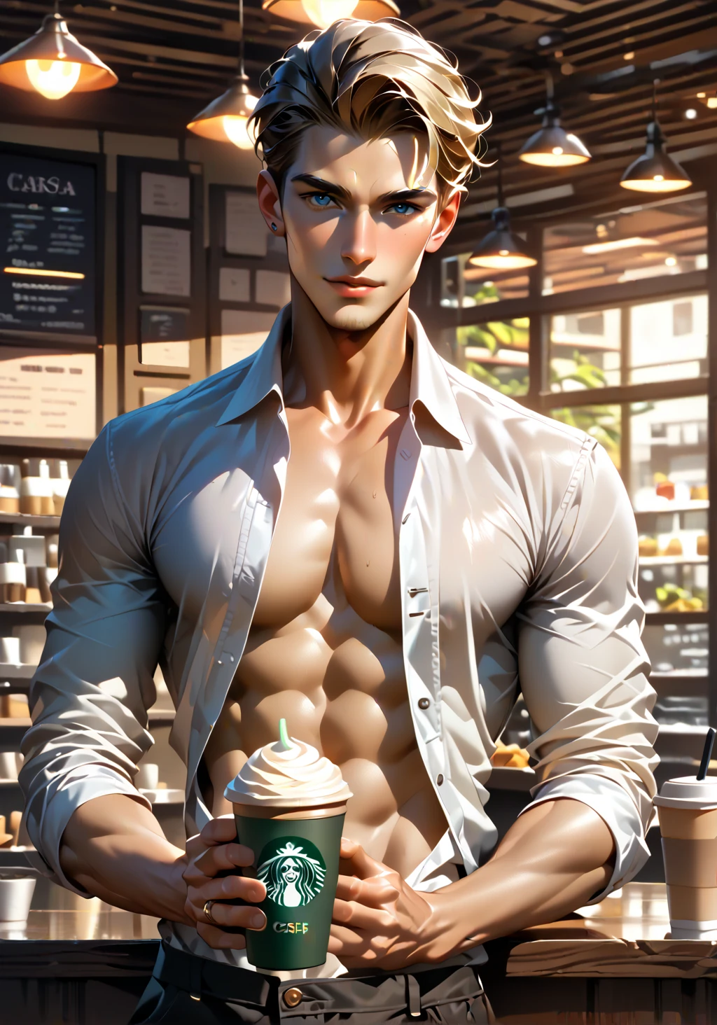 Realistic、beautiful、A large group of young Japanese men、Bikini-type small and thin swimsuit、Huge bulge in the crotch、Inside Starbucks Coffee