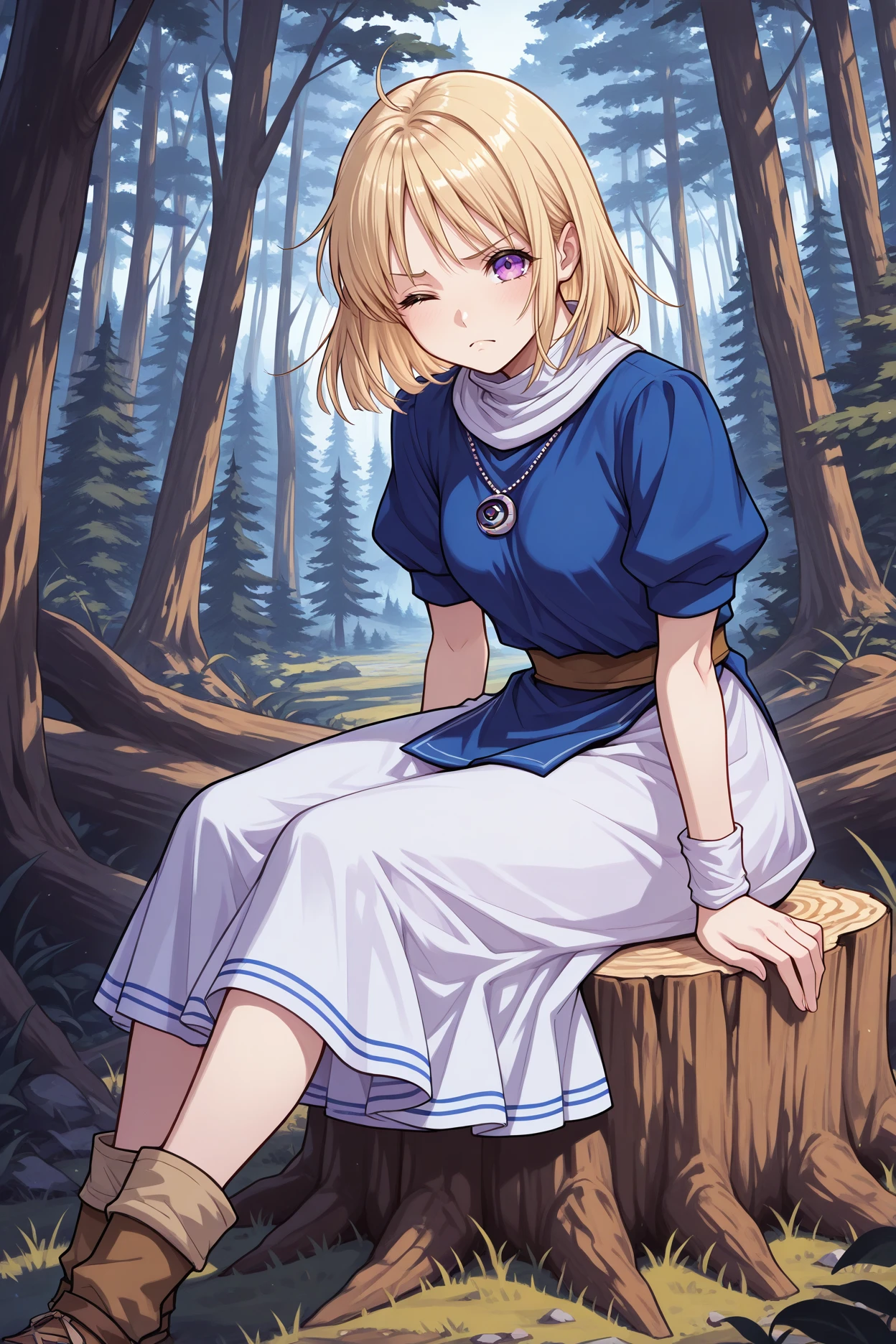 masterpiece, best quality, 1girl, solo, <lora:yselena-illu-nvwls-v1-000006:1> yselena, blonde hair, medium hair, purple eyes, pendant, white and blue tunic, puffy short sleeves, white collar, white skirt, brown belt, brown boots, wristband, sitting on tree stump, looking at viewer, frown, forest, alpine forest, wince