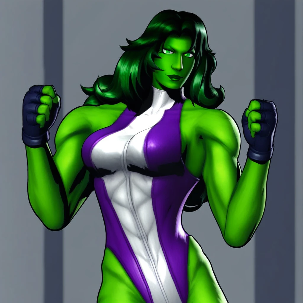 bare shoulders, black fingerless gloves, long dark green hair, green eyes, medium breasts, green skin, large_female, dark green  lipstick, toned arms, white sneakers, tall female, Shehulk, purple and white leotard, exposed legs, toned female body