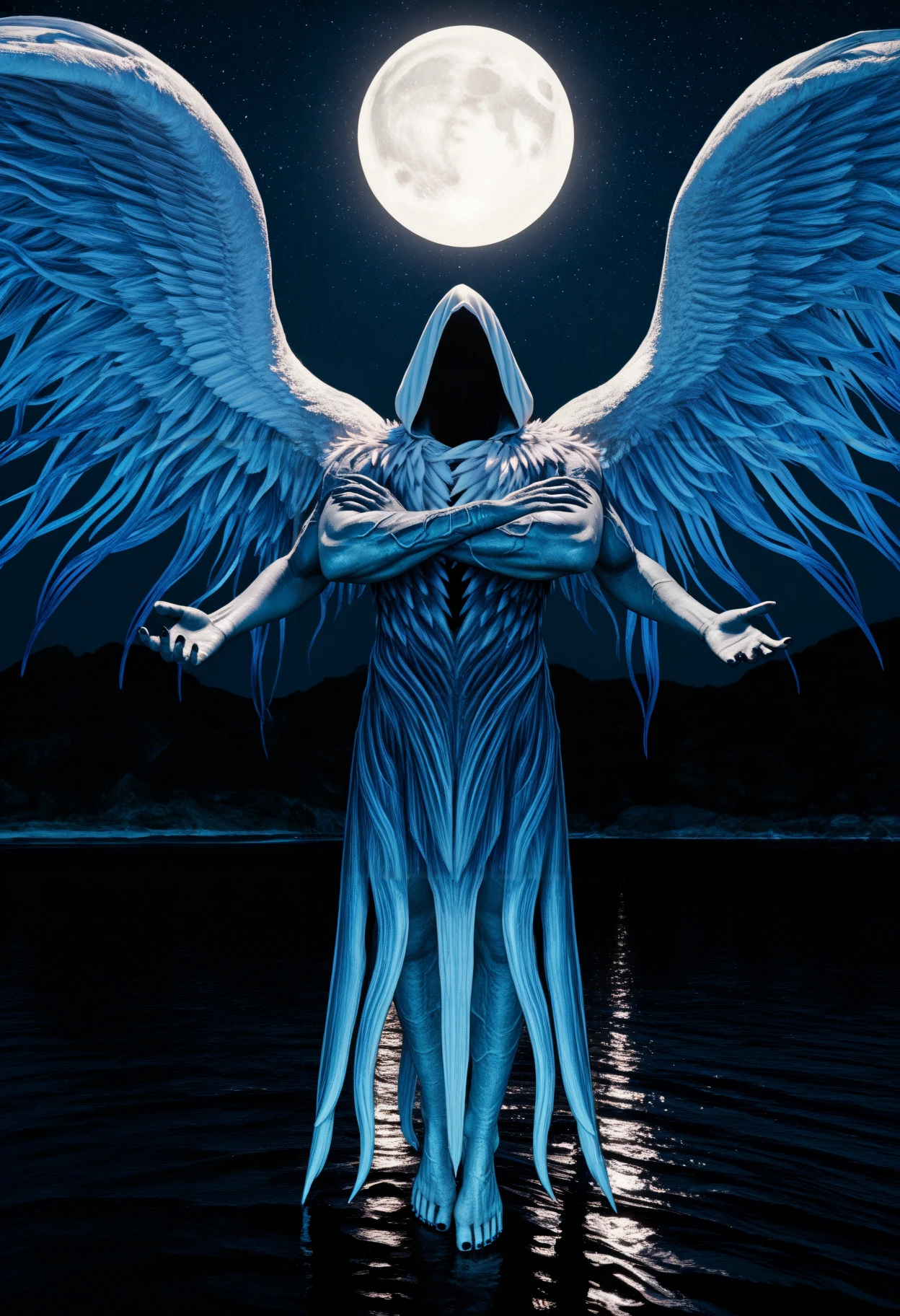 masterpiece, best quality, newest, absurdres, highres, realistic, photorealistic, dim lighting, outdoors, night, water, star \(sky\), full moon, back moon, moonlight, 1other, solo, 
monster, no humans, akedkurrrl, faceless, no eyes, no mouth, extra arms, veins, angel wings, hood up, hooded robe, white robe, barefoot, full body, floating  <lora:Darklurker:1>