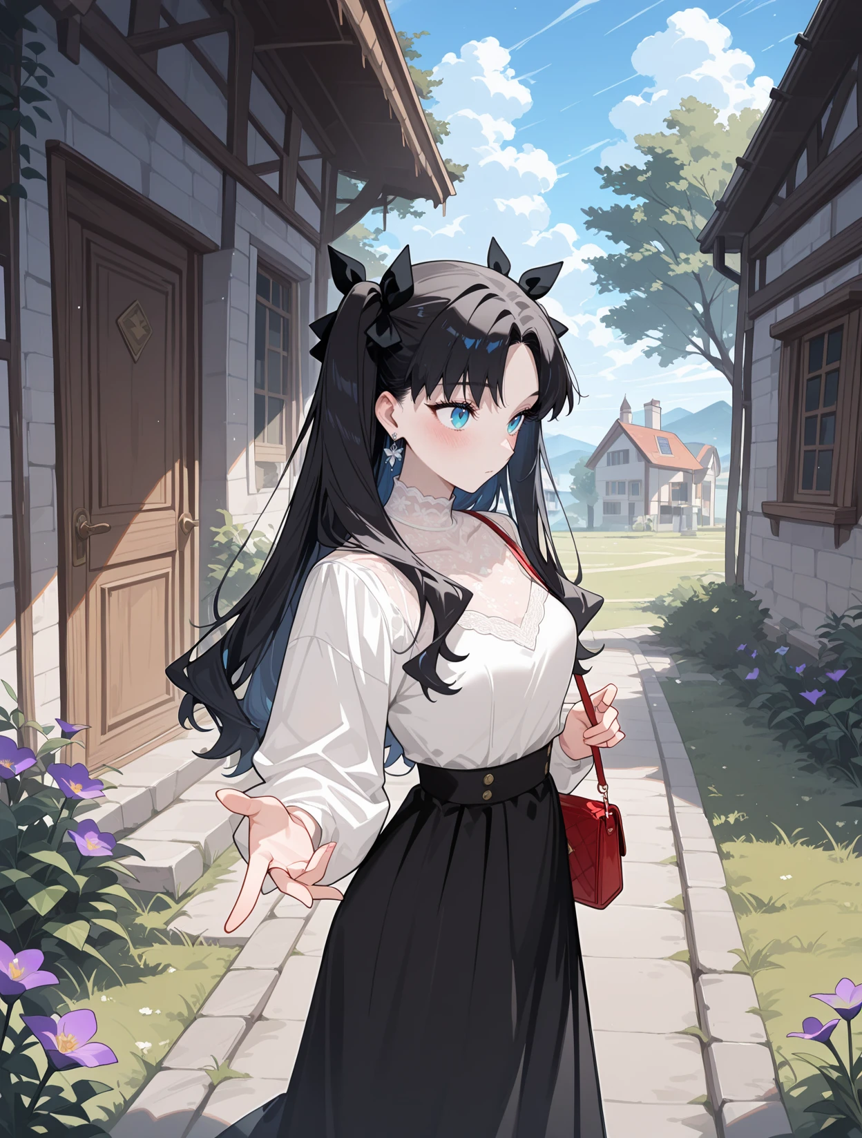 TohsakaRinCYQL,1girl,solo,long hair,black hair,two side up,bangs,parted bangs,ribbon,hair ribbon,black ribbon,blue eyes,lace-trimmed blouse, midi skirt, high heels, handbag, statement earrings, elegant suitable outfit, semi-formal,
BREAK
light_blush,looking_up,finger_gun,,posing,Overhead view,cowboy_shot,
BREAK
scenery,building,outdoors,flower,window,sky,door,plant,purpleflower,cloud,day,ruins,grass,blueflower,tree,cloudysky,house,,
BREAK
<lora:ponyv4_noob1_2_adamW-000017:0.7>,<lora:NoctFlatStyleILV0.6:0.7>,<lora:wl-illV1-000017:0.8>,<lora:USNR STYLE_XL_loha:0.45>,usnr,,<lora:TohsakaRin_Illustrious by Cyql:1>,
perfect quality,high quality,masterpiece,best quality,amazing quality,very aesthetic,absurdres,newest,