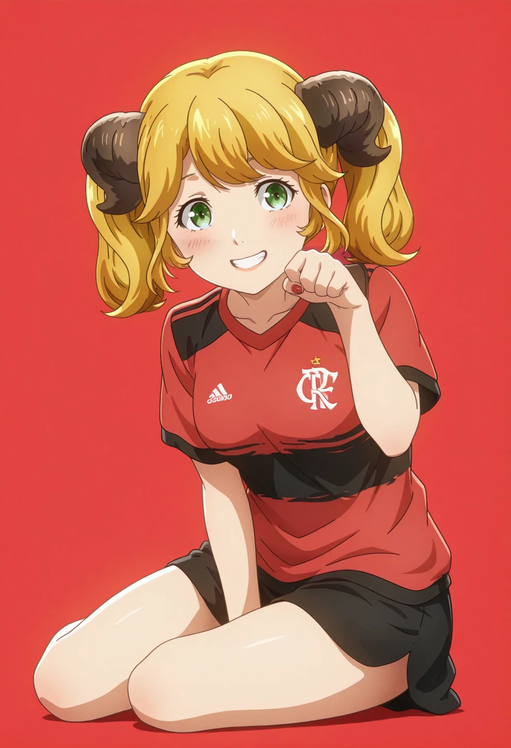 masterpiece, best quality, amazing quality, anime screencap, anime anime coloring,<lora:DX888AlettaIL:1> aletta, twintails, green eyes, blonde hair, twintails, horns, grin, blush, happy,  BREAK ,<lora:DX888CRFIL:1> crf, soccer uniform,  BREAK  simple background,  red  background,  BREAK dutch angle,  yokozuwari, paw pose,