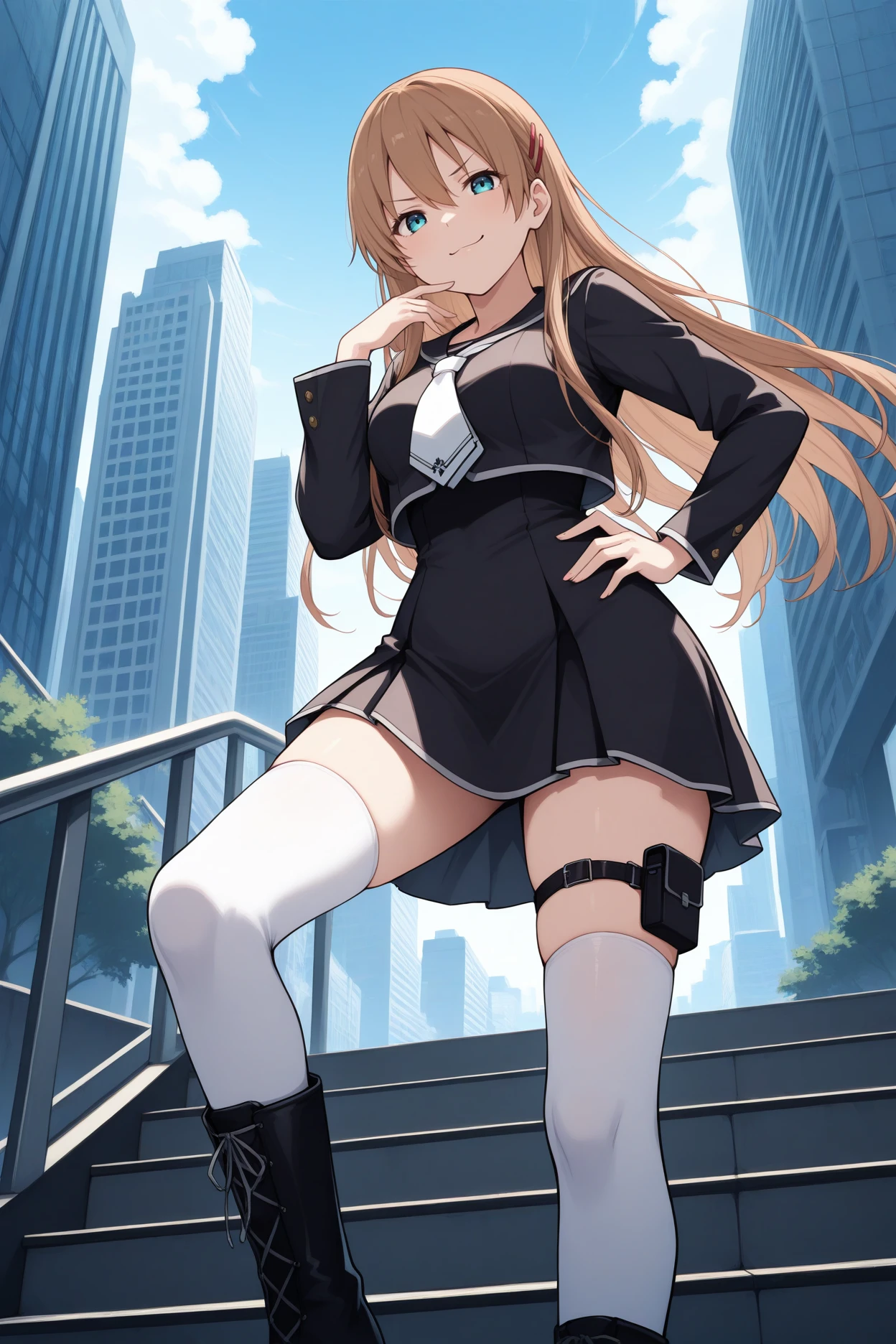 ((Masterpiece)), (Best Quality:1.7), (detailed:1.4), (high resolution:1.4), 8k, (showy:1.5), high resolutionolution, sharp image, 4k, High Definition, (beautiful detailed background:1.2), (beautiful lighting:1.2), (highly detailed:1.2), perfect lighting, (8K Wallpaper:1.2), (highly detailed:1.2), (extremely detailed CG:1.2), ((((Only very long blonde hair ponytail with a red ribbon.)))), (((bunker))), (((busty))), curvy figure, (((light blue eyes))), (school girl costume), (black jacket and snug white sweater and short flowing black pleated skirt with belt and tight black stocking leggings), maduro, older, human adult, short, whole body