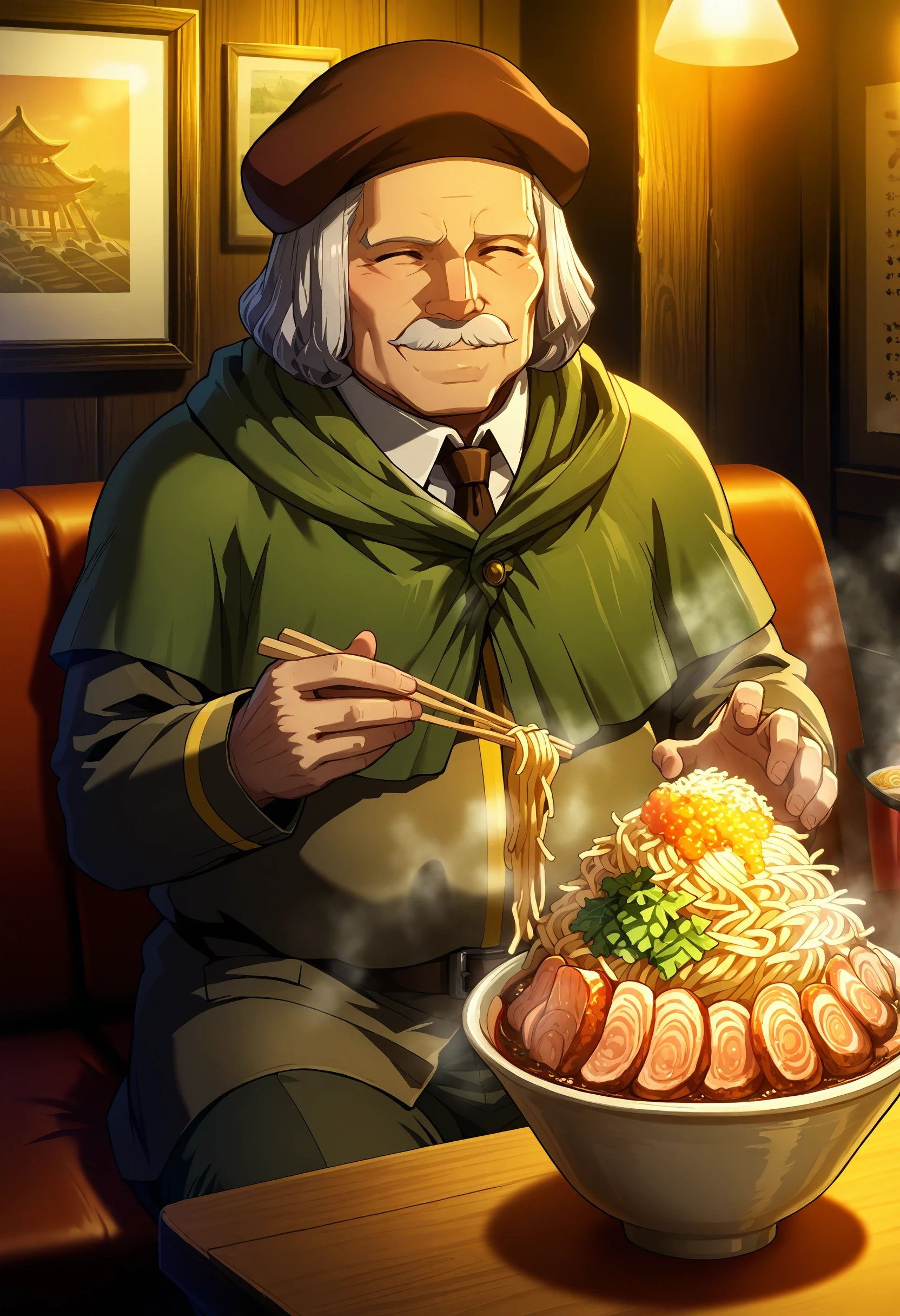 best quality, masterpiece, anime_screencap, hi res, best_quality, very aesthetic, absurdres, 8k, Thbrd, old man, 1boy,
mustache,
smile,happy, closed_eyes,, hat, jacket, capelet, necktie, shirt, belt, pants, footwear,
jirou,ramen, steam, pepper,
noodles, sitting, table, steam,eating,holding chopsticks, fantasy, indoors, beautiful lighting, ray traced, dining_room