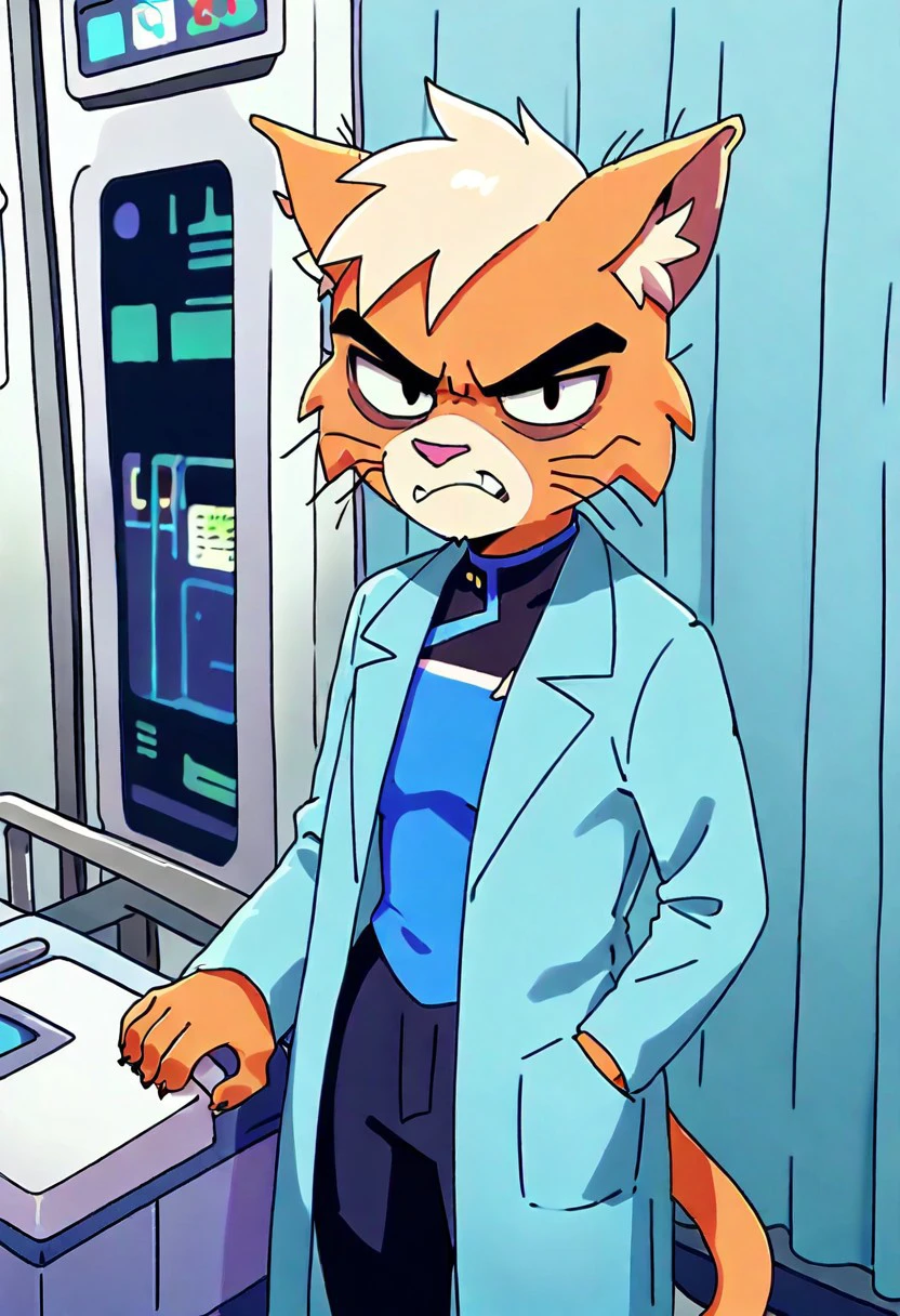 cartoon, 
tanast, furry female, cat ears, body fur, orange fur, tail,  blue shirt, looking at viewer, angry,
 standing, 
in hospital,