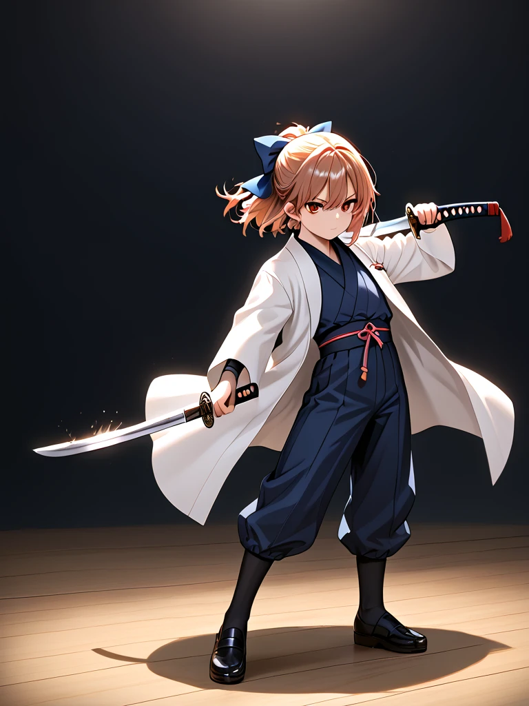 score_9, source_anime, katana, holding katana, holding knife, hand on hilt, battle stance, dancing, lunge, 1girl, updo, hair bow, japanese clothes, open coat, full body, motion blur, motion lines, speed lines, wind lift, spin in place, [(((flaming_weapon, flaming_sword, blood_on_knife))):14], <lora:girllikekatanaandknife_pony:0.5>