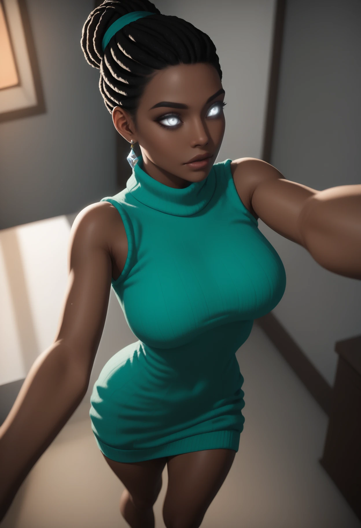 ((masterpiece, best quality, absurdres)),
1girl, solo, 1girl, solo, sexy sweater dress, aqua dress, strapless, sleeveless turtleneck dress, diamond earrings,
middle eastern architecture, indoors, twilight,
simple background, depth of field,
kubrick stare,
contrapposto, looking afar,
selfie, from above,
 <lora:Dark_Berea_Illust_v1:0.8> d4rkb3r34, white eyes, black hair:dreadlocks:single hair bun, very dark skin,