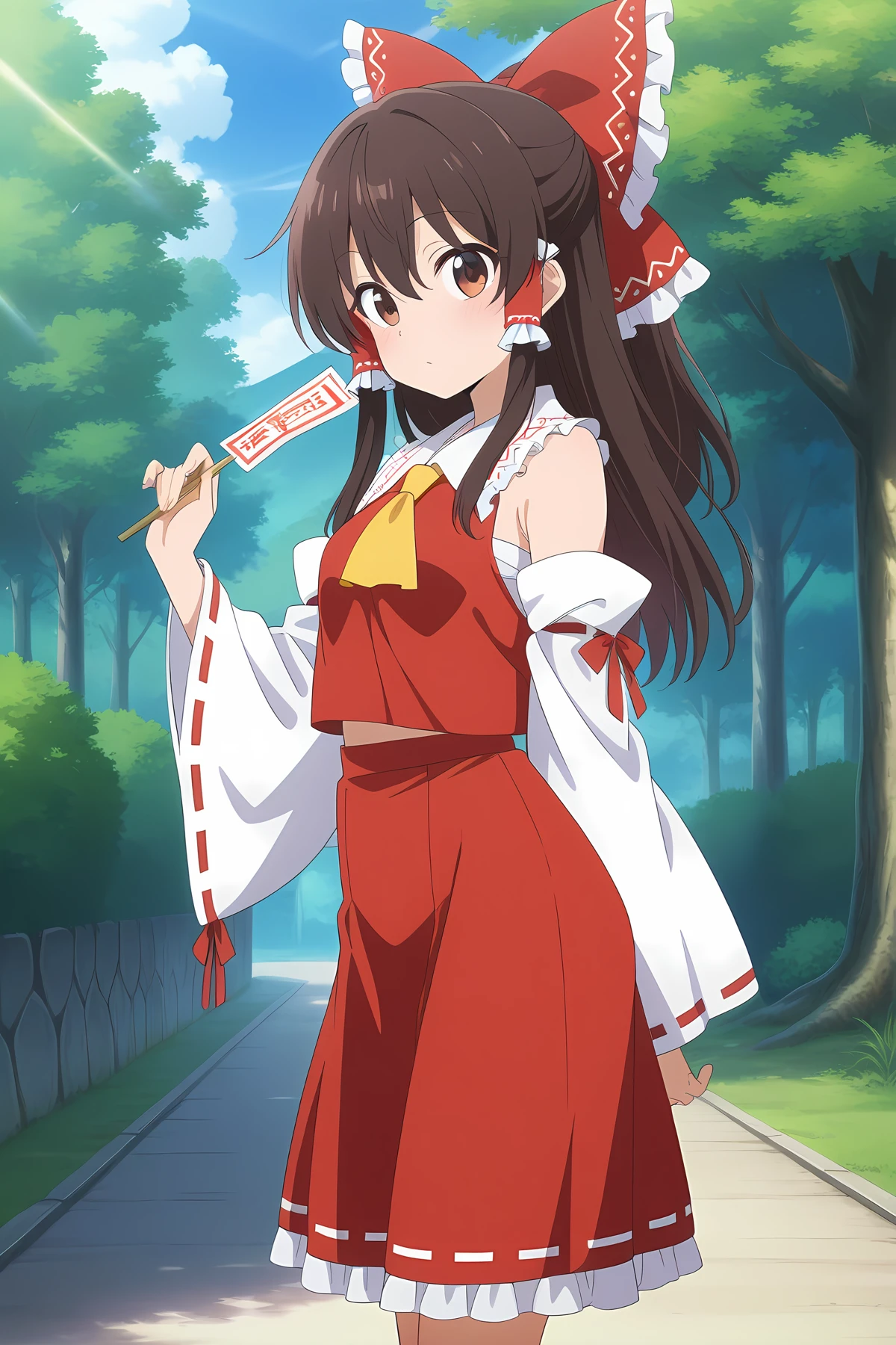 detailed, absurdres, highres, masterpiece, best quality, amazing quality, looking at viewer, outside, official anime artwork, screencap, anime screencap,
<lora:Hakurei-Reimu_Illustrious:1> hakurei reimu, 1girl, solo, long hair, brown hair, brown eyes, bangs, sidelocks, hair between eyes, small breasts,, bow, hair bow, hair tubes, red bow, ascot, frilled bow, yellow ascot, ribbon-trimmed detached wide sleeves, red skirt, ribbon trim